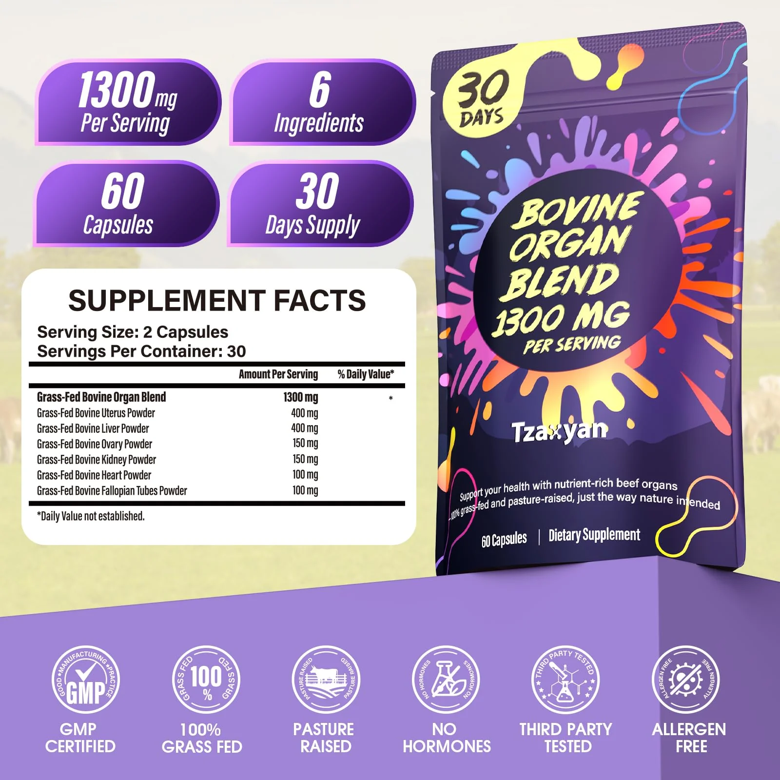 tzaxyan 1300MG Beef Organ Supplement for Women, 100% Grass Fed Beef Liver, Uterus, Ovary & 3 More, Bovine Organ Capsules for Supports Women's Overall, Endocrine Balance, Energy, Immunity, 30 Days - Image 2