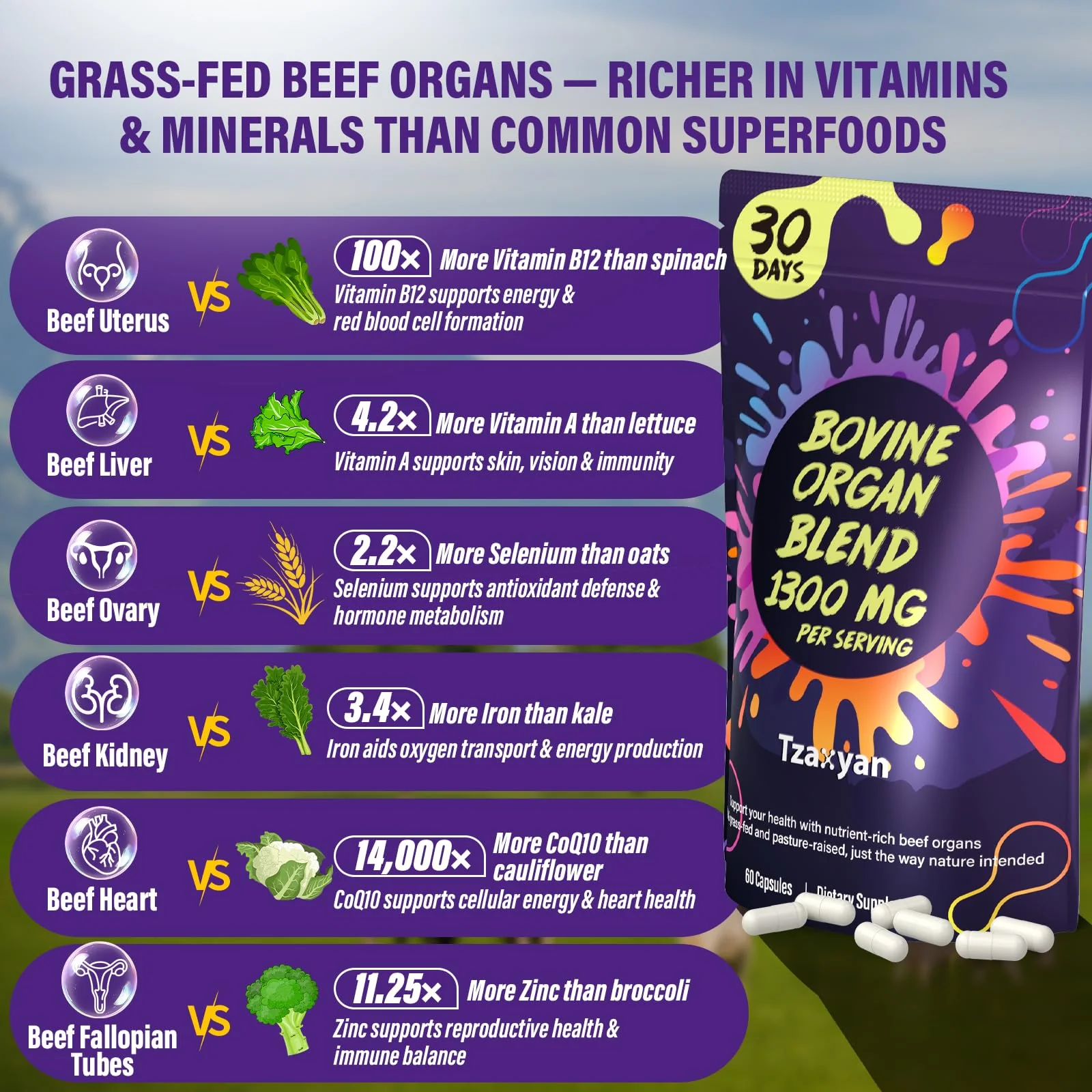 tzaxyan 1300MG Beef Organ Supplement for Women, 100% Grass Fed Beef Liver, Uterus, Ovary & 3 More, Bovine Organ Capsules for Supports Women's Overall, Endocrine Balance, Energy, Immunity, 30 Days - Image 4