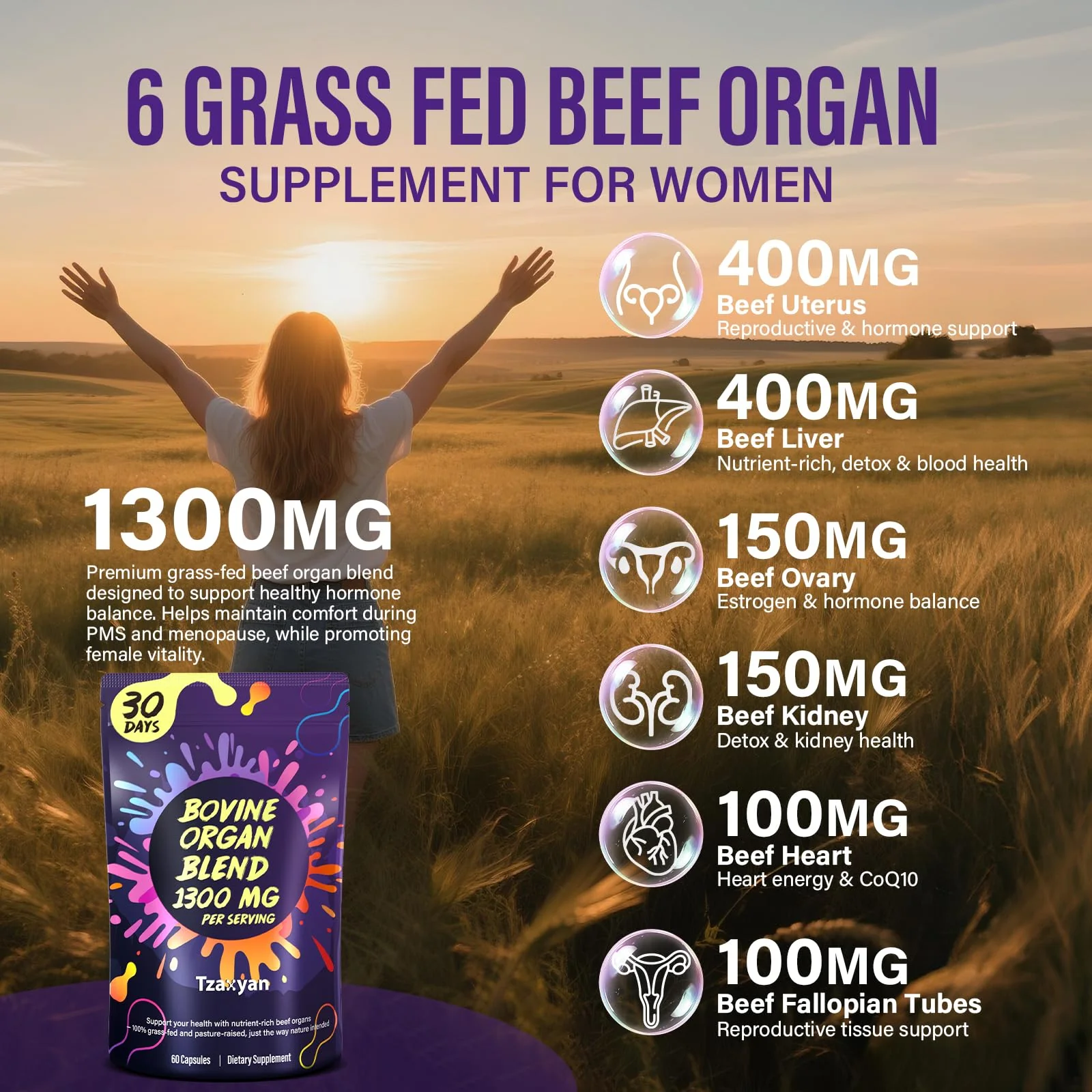 tzaxyan 1300MG Beef Organ Supplement for Women, 100% Grass Fed Beef Liver, Uterus, Ovary & 3 More, Bovine Organ Capsules for Supports Women's Overall, Endocrine Balance, Energy, Immunity, 30 Days - Image 5
