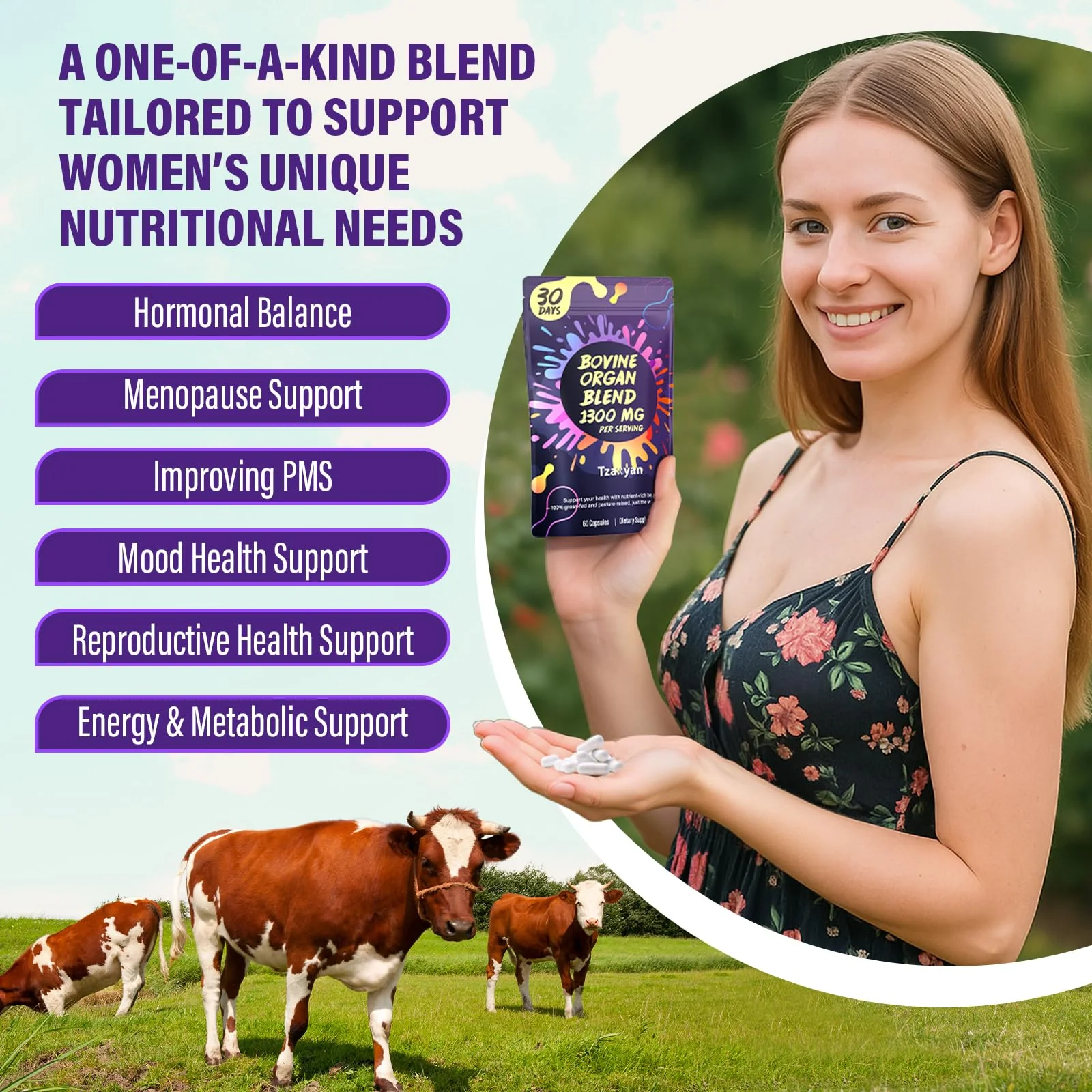 tzaxyan 1300MG Beef Organ Supplement for Women, 100% Grass Fed Beef Liver, Uterus, Ovary & 3 More, Bovine Organ Capsules for Supports Women's Overall, Endocrine Balance, Energy, Immunity, 30 Days - Image 6