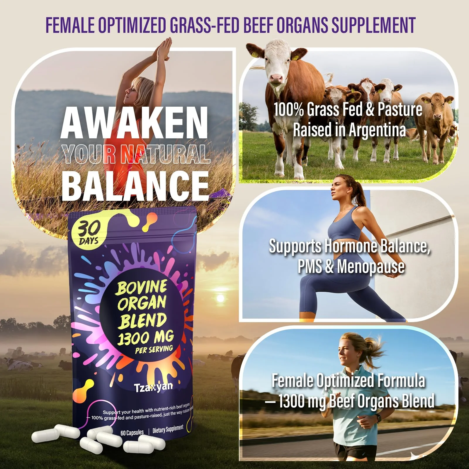 tzaxyan 1300MG Beef Organ Supplement for Women, 100% Grass Fed Beef Liver, Uterus, Ovary & 3 More, Bovine Organ Capsules for Supports Women's Overall, Endocrine Balance, Energy, Immunity, 30 Days - Image 7