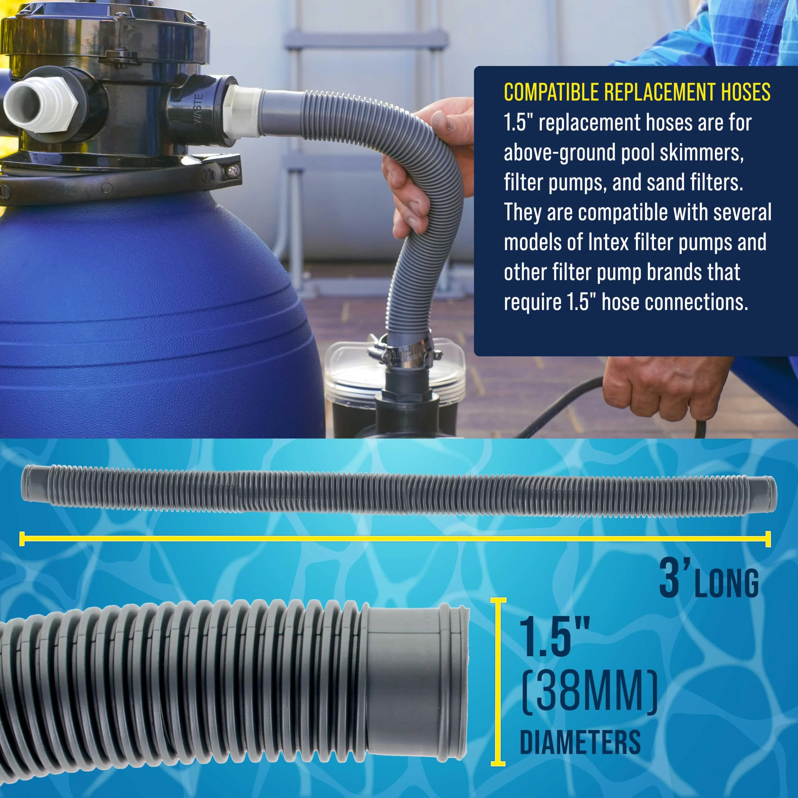 U.S. Pool Supply 1.5" Heavy-Duty Above Ground Pool Hose Replacement Kit - 2 Silver 3 Foot Hoses, 2 Connection Adapters, 4 Clamps - Compatible with Intex Filter Pumps - Image 6