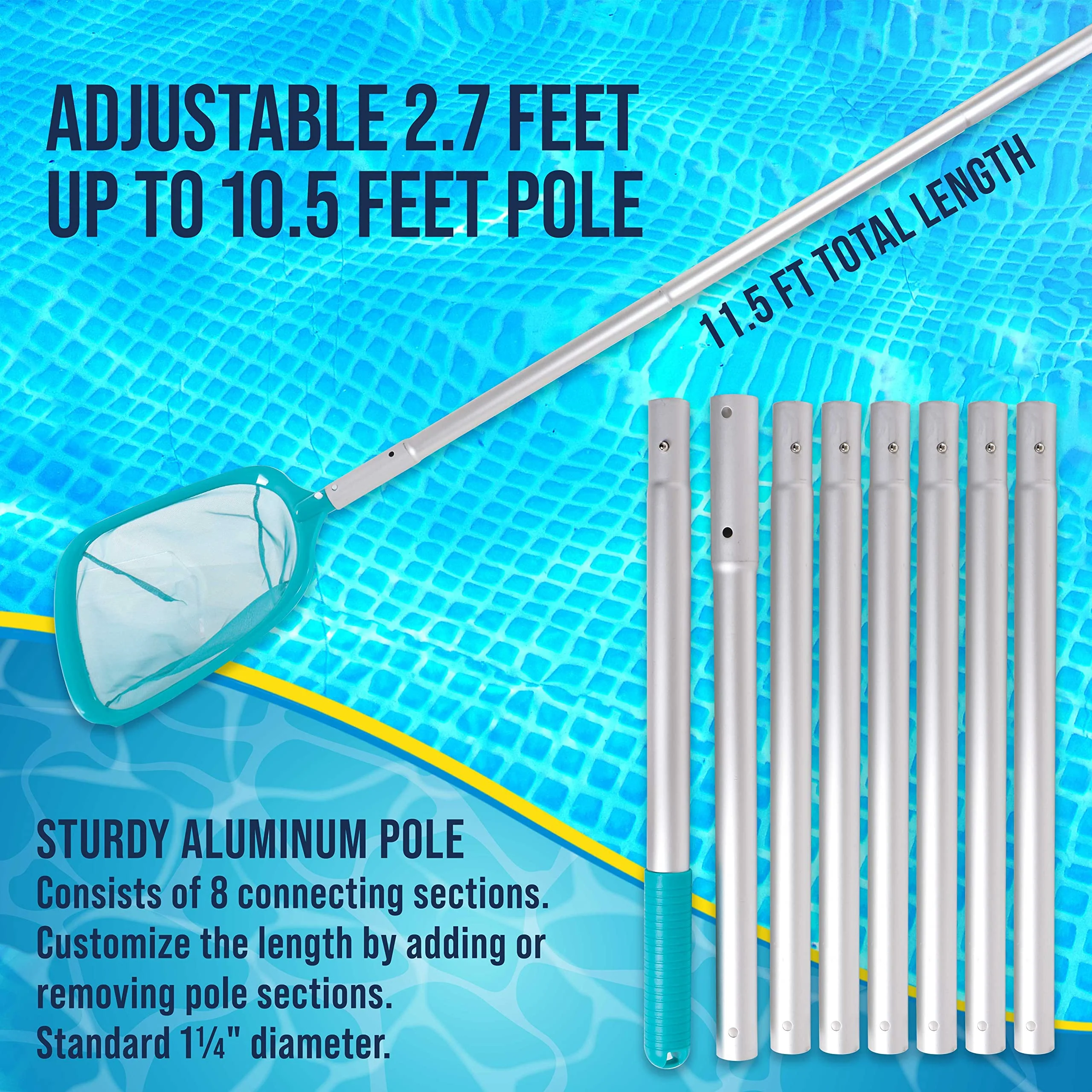 U.S. Pool Supply 11.5 Foot Swimming Pool Leaf Skimmer Net with Telescopic Aluminum Pole, 8 Sections - 6" Deep Ultra Fine Mesh Netting Basket, Remove Finest Debris, Adjustable Length, Clean Spas, Ponds - Image 2