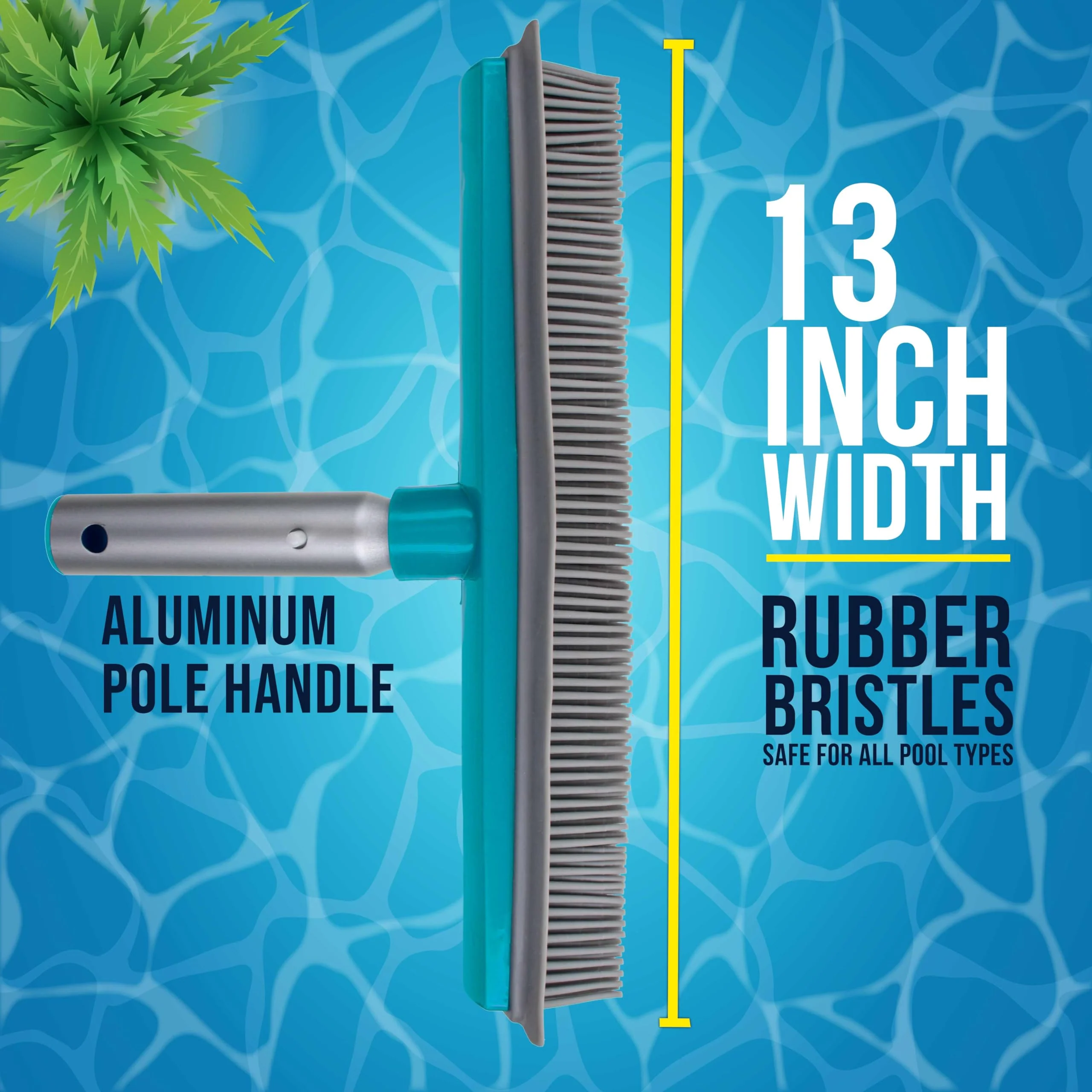 U.S. Pool Supply 13" Pool Brush with Rubber Bristles and Squeegee Edge - Safe for Vinyl Liners, Ideal for Above-Ground Pools, Aluminum Pole Handle - Scrub Leaves Debris from Walls, Floors, Corners - Image 6