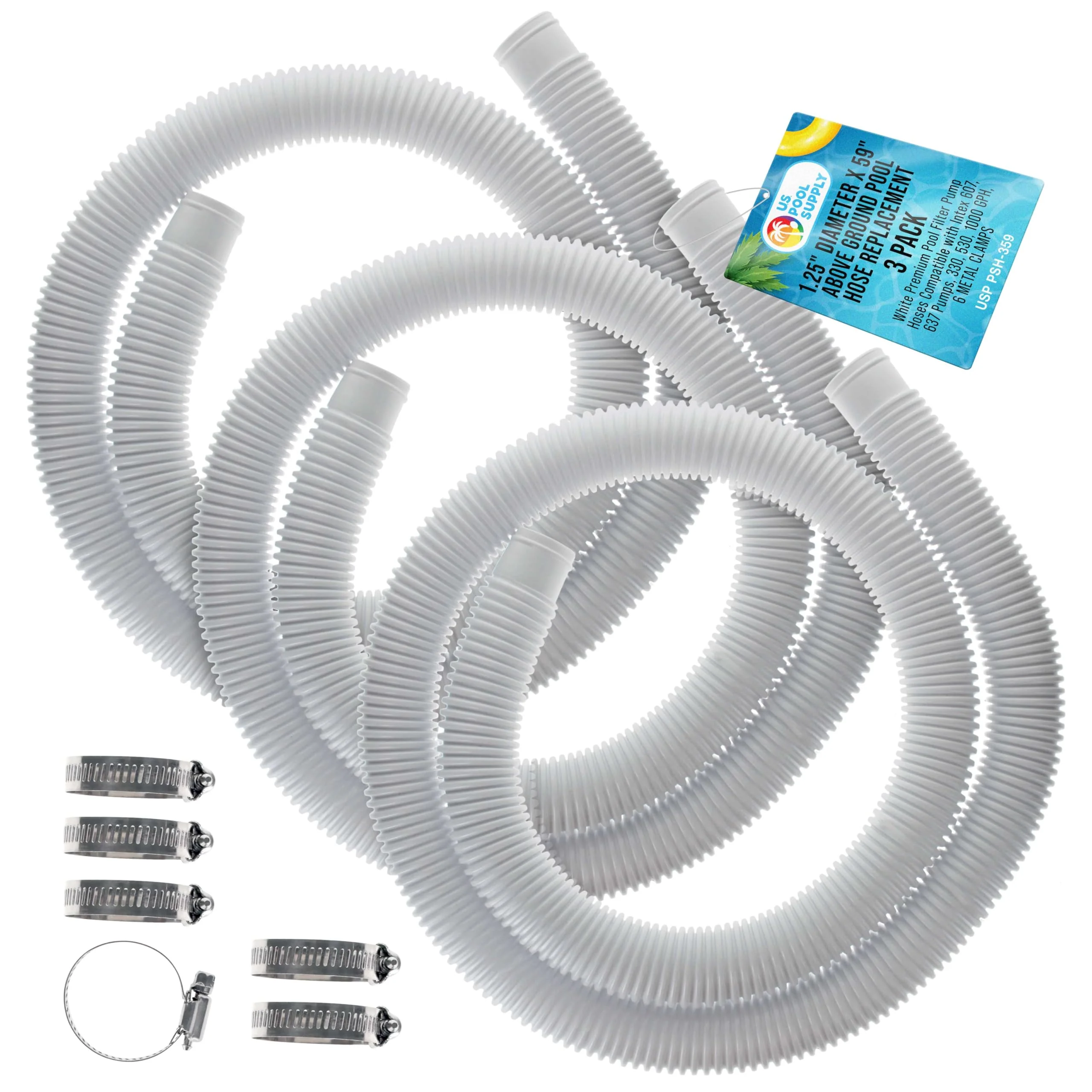 U.S. Pool Supply Above Ground Pool Hose Replacement 1.25" Diameter x 59" Long, Pack of 3 - White Premium Pool Filter Pump Hoses Compatible with Intex 607, 637 Pumps, 330, 530, 1000 GPH, 6 Metal Clamps
