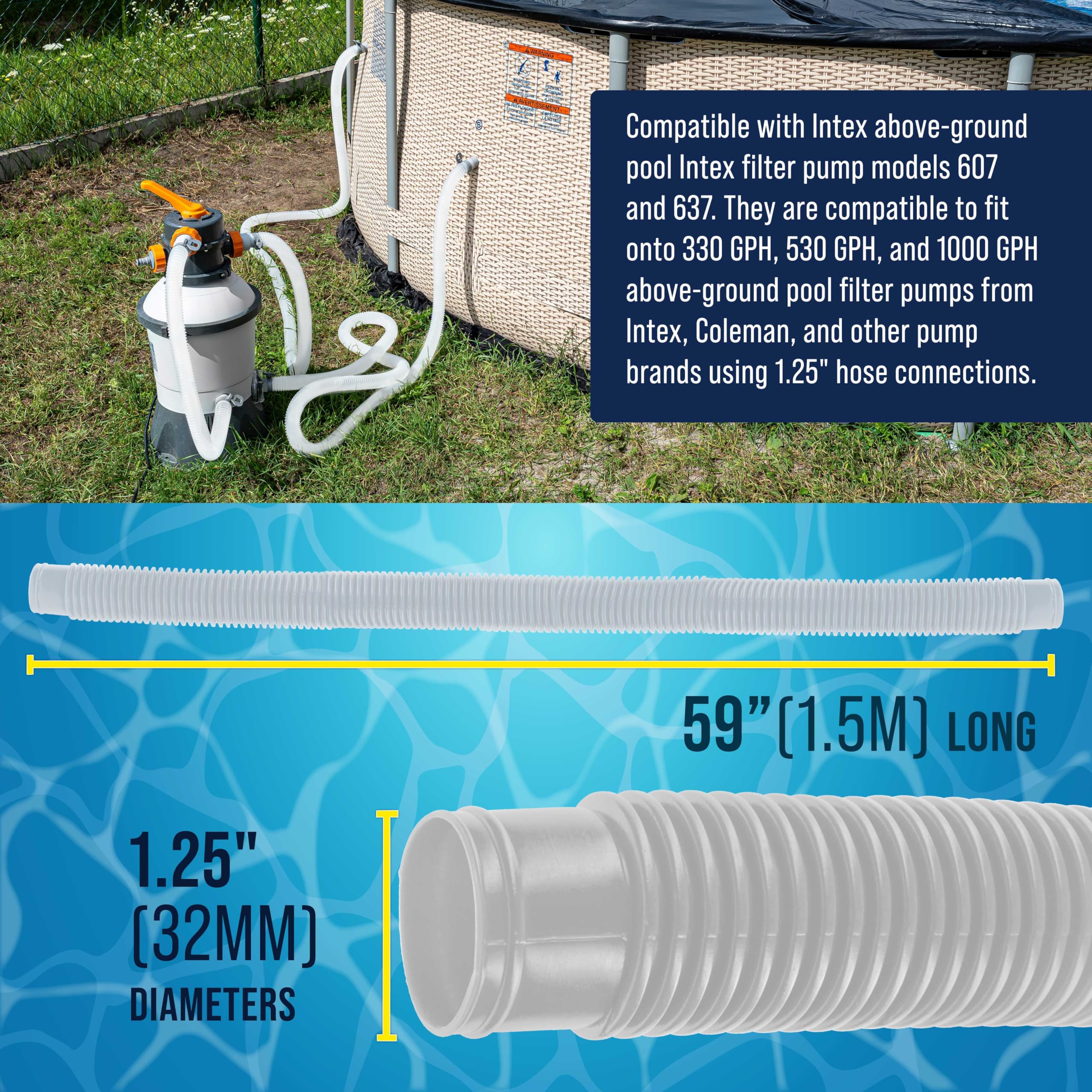 U.S. Pool Supply Above Ground Pool Hose Replacement 1.25" Diameter x 59" Long, Pack of 3 - White Premium Pool Filter Pump Hoses Compatible with Intex 607, 637 Pumps, 330, 530, 1000 GPH, 6 Metal Clamps - Image 6