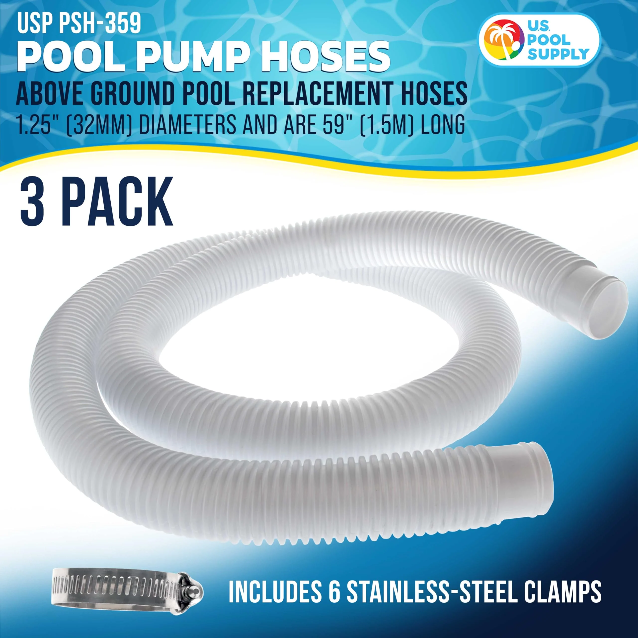 U.S. Pool Supply Above Ground Pool Hose Replacement 1.25" Diameter x 59" Long, Pack of 3 - White Premium Pool Filter Pump Hoses Compatible with Intex 607, 637 Pumps, 330, 530, 1000 GPH, 6 Metal Clamps - Image 7