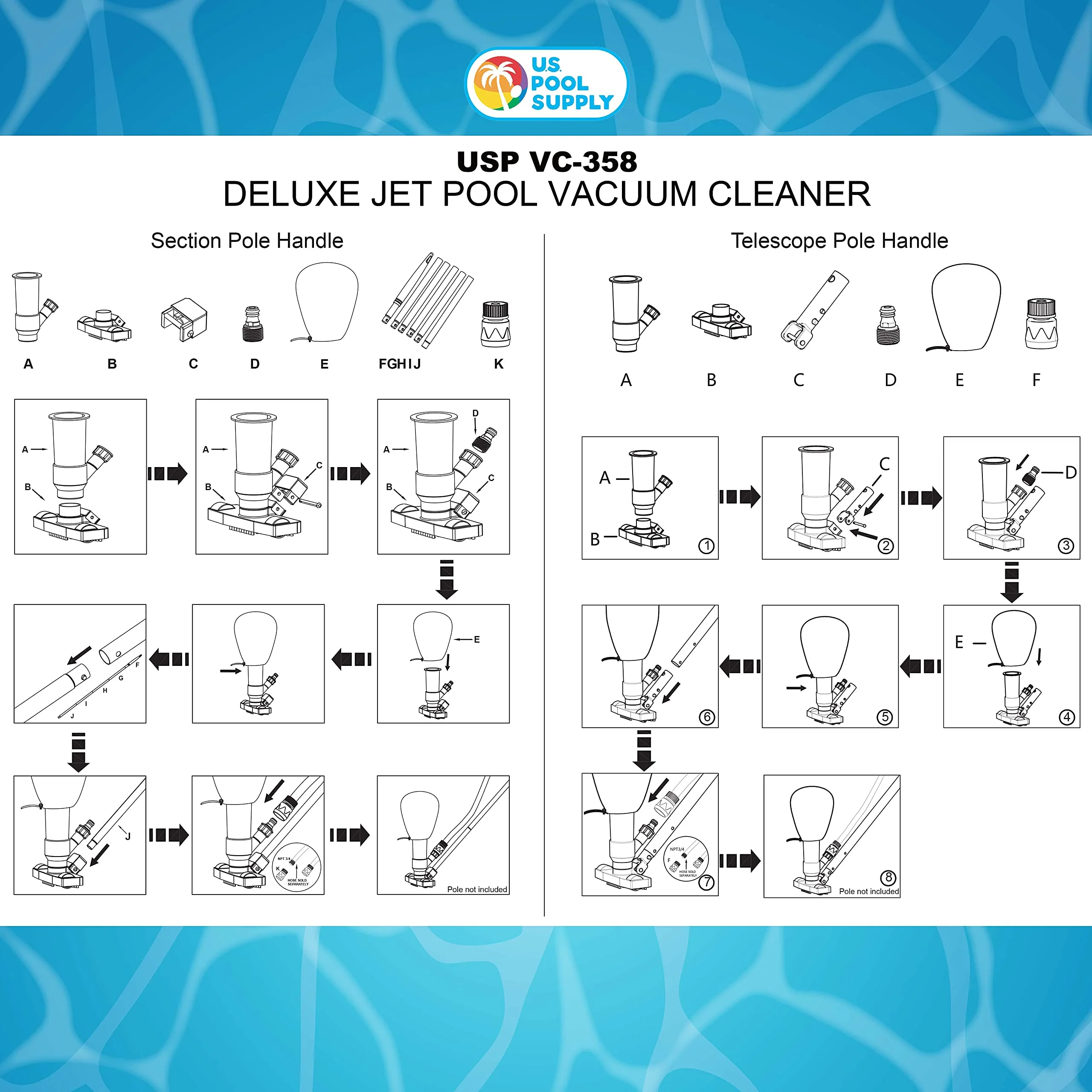 U.S. Pool Supply Above Ground Pool Vacuum Cleaner, Manual Pool Vacuum Cleaner, Spa Cleaner for Hot Tub, Ponds - 5 Section 4ft Pole, Mesh Leaf Bag, Telescopic Pole Attachment - Attaches to Garden Hose - Image 2
