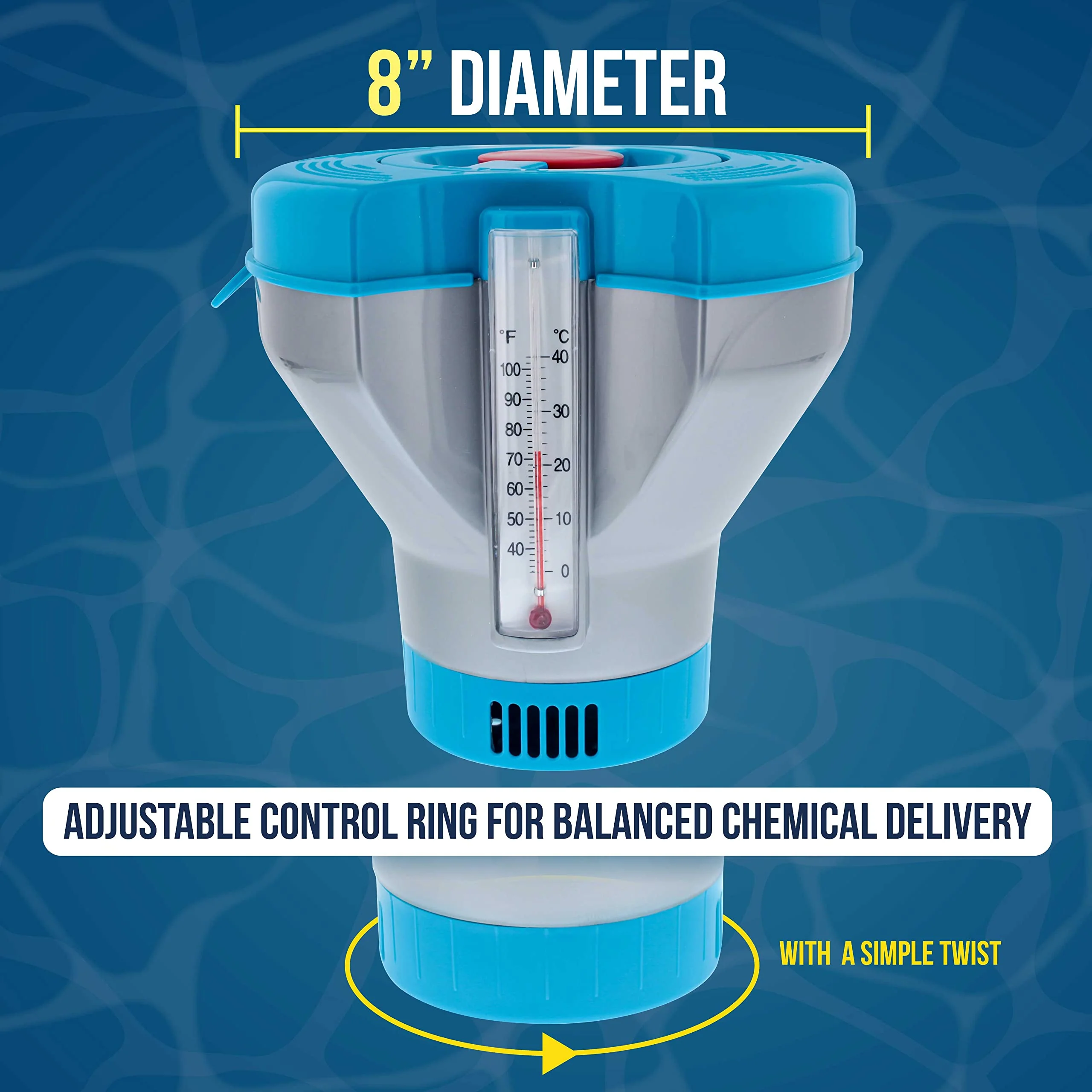 U.S. Pool Supply Deluxe Pool Chlorine Floater Dispenser with 100° F Thermometers on Each Side, Pop-Up Refill Indicator - Large Capacity Holds 3", 4" Tablets 8" Diameter Floating Chlorinator - Image 5