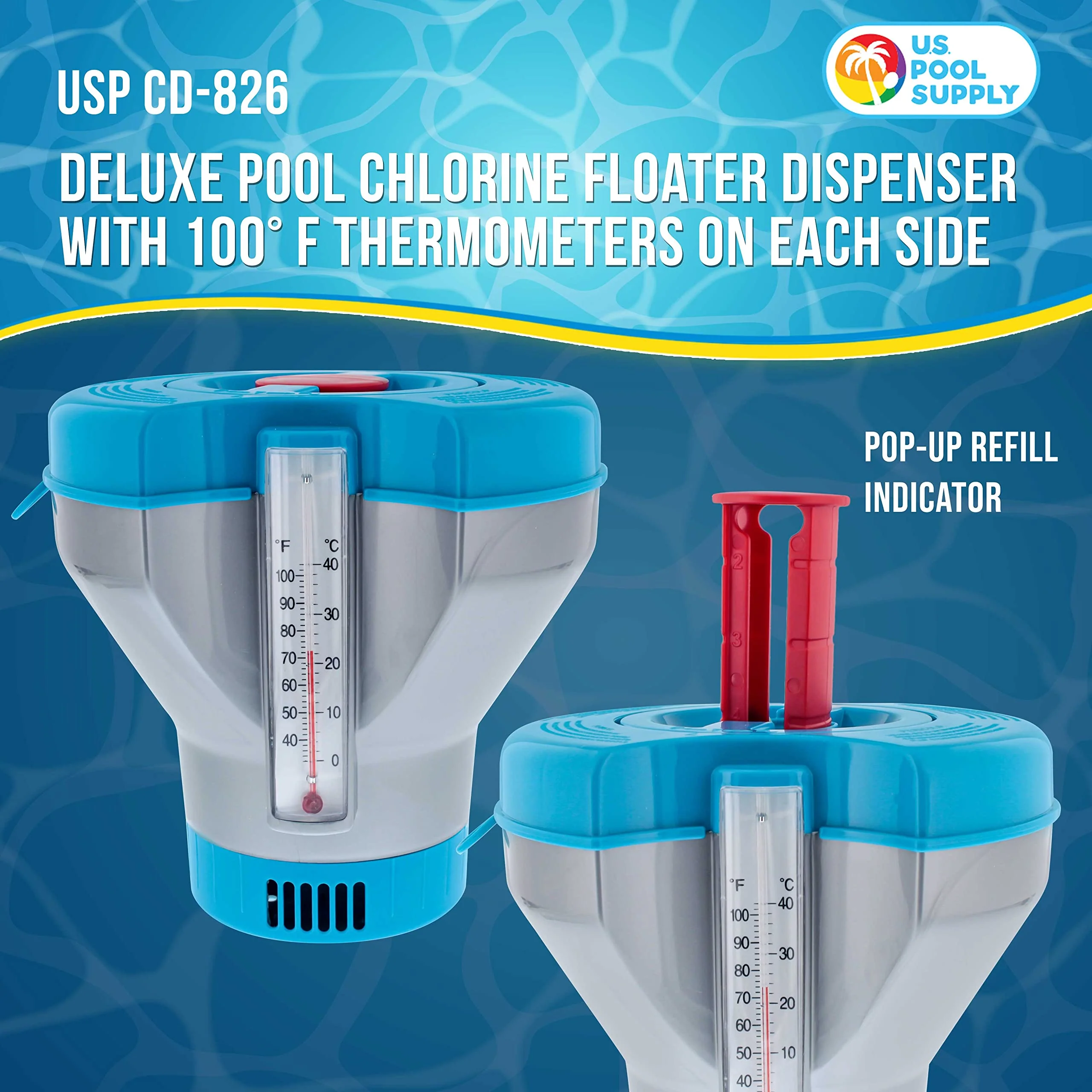 U.S. Pool Supply Deluxe Pool Chlorine Floater Dispenser with 100° F Thermometers on Each Side, Pop-Up Refill Indicator - Large Capacity Holds 3", 4" Tablets 8" Diameter Floating Chlorinator - Image 6