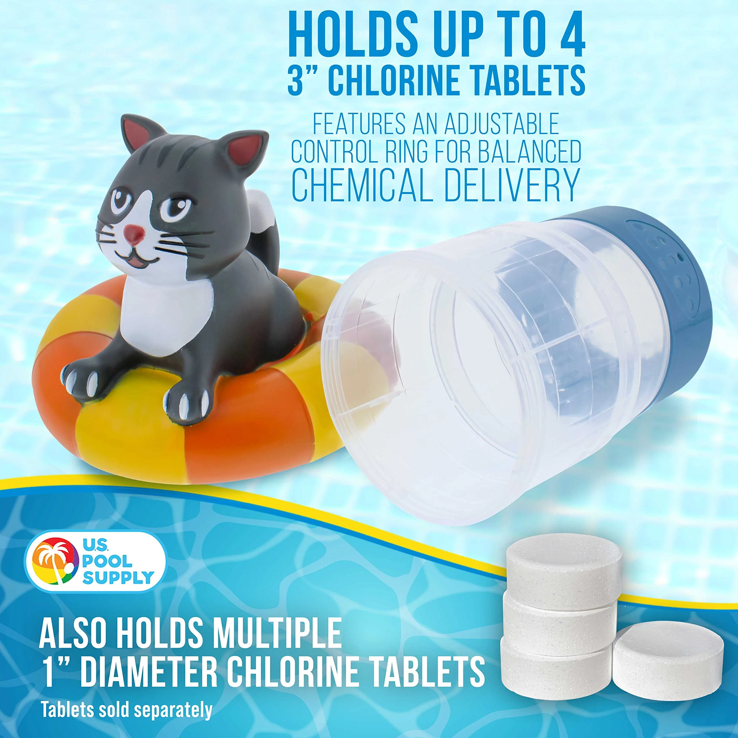 U.S. Pool Supply Kitty Cat Floating Pool Chlorine Dispenser, Collapsible Base, Holds 3" Tablets - 7" Fun Cute Happy Pet Life Preserver Animal Float Floater Decoration, Adjustable Balanced Delivery - Image 3