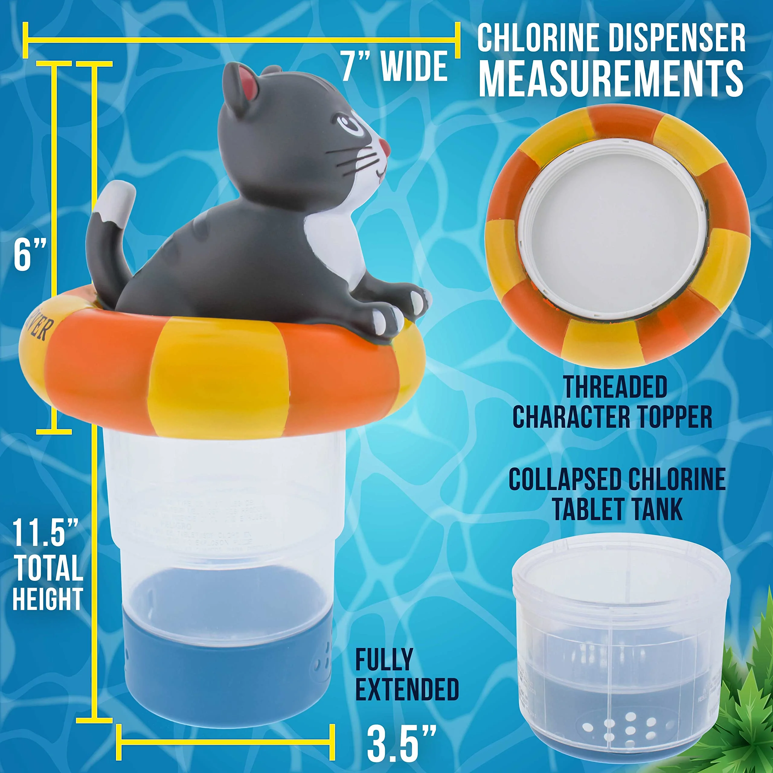 U.S. Pool Supply Kitty Cat Floating Pool Chlorine Dispenser, Collapsible Base, Holds 3" Tablets - 7" Fun Cute Happy Pet Life Preserver Animal Float Floater Decoration, Adjustable Balanced Delivery - Image 4