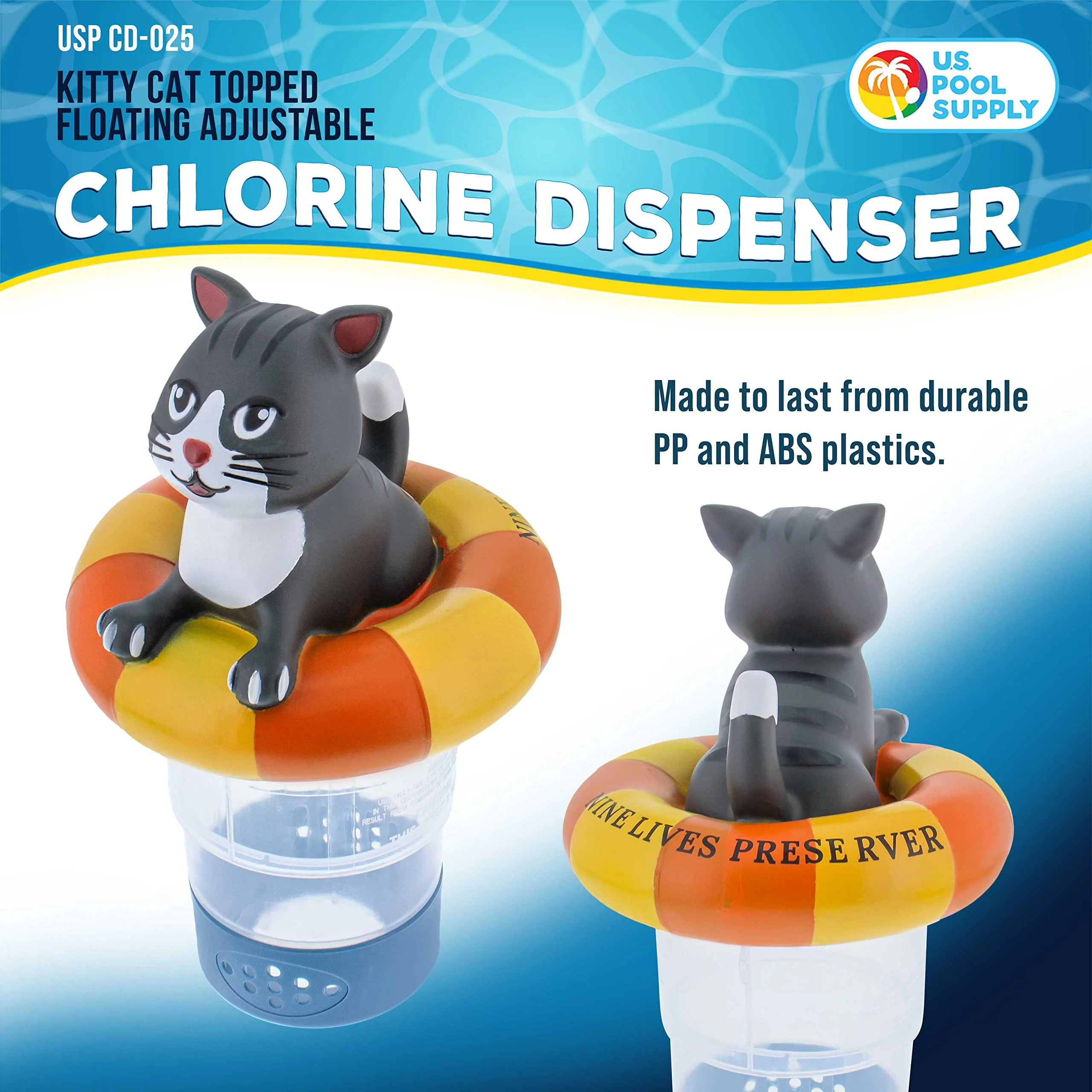 U.S. Pool Supply Kitty Cat Floating Pool Chlorine Dispenser, Collapsible Base, Holds 3" Tablets - 7" Fun Cute Happy Pet Life Preserver Animal Float Floater Decoration, Adjustable Balanced Delivery - Image 5