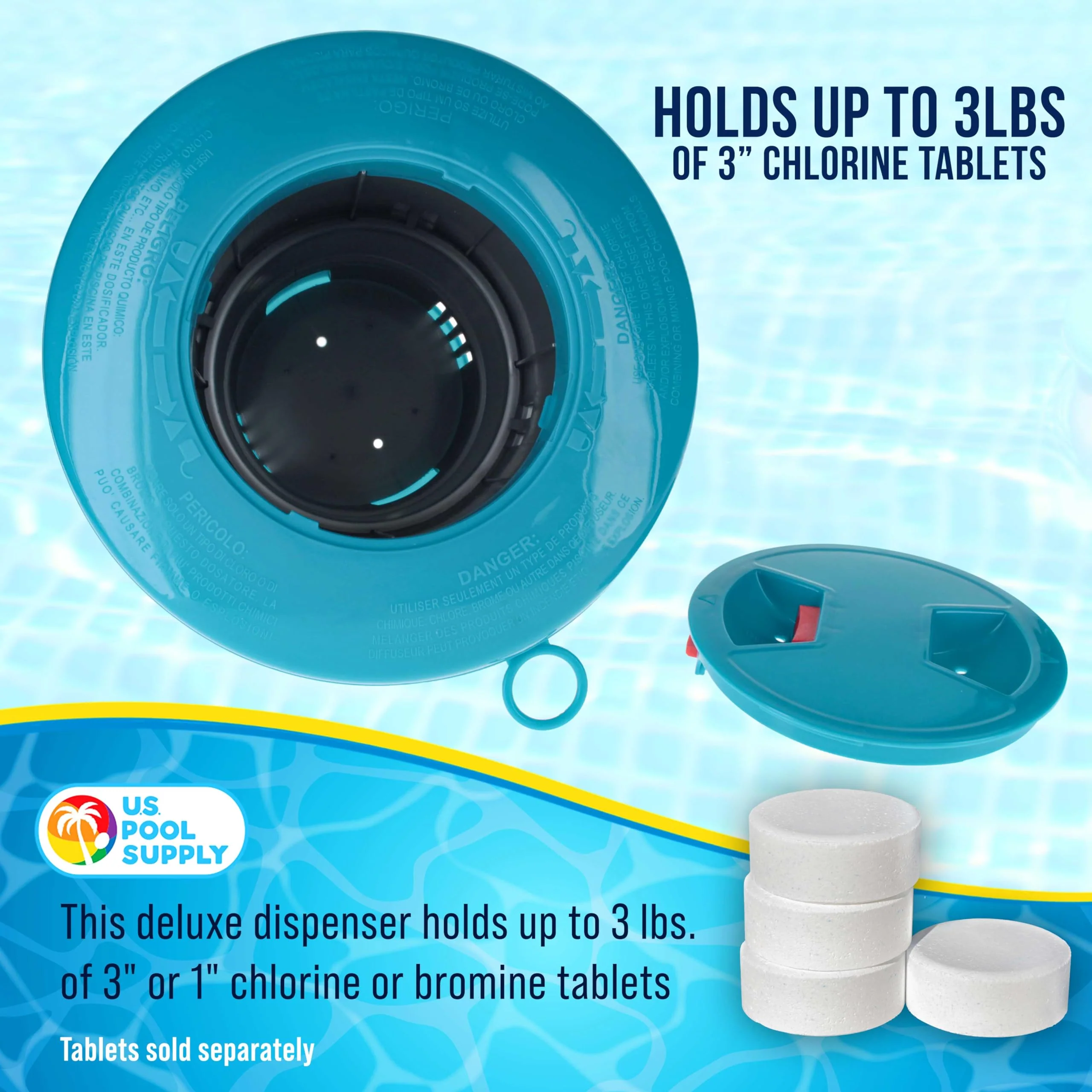 U.S. Pool Supply Pool Chlorine Floater Dispenser with Lid Lock - Large 7" Floating Chlorinator, Holds 3 Tablets - Inground & Above Ground Swimming Pools - Adjustable Flow, Balanced Chemical Delivery - Image 5