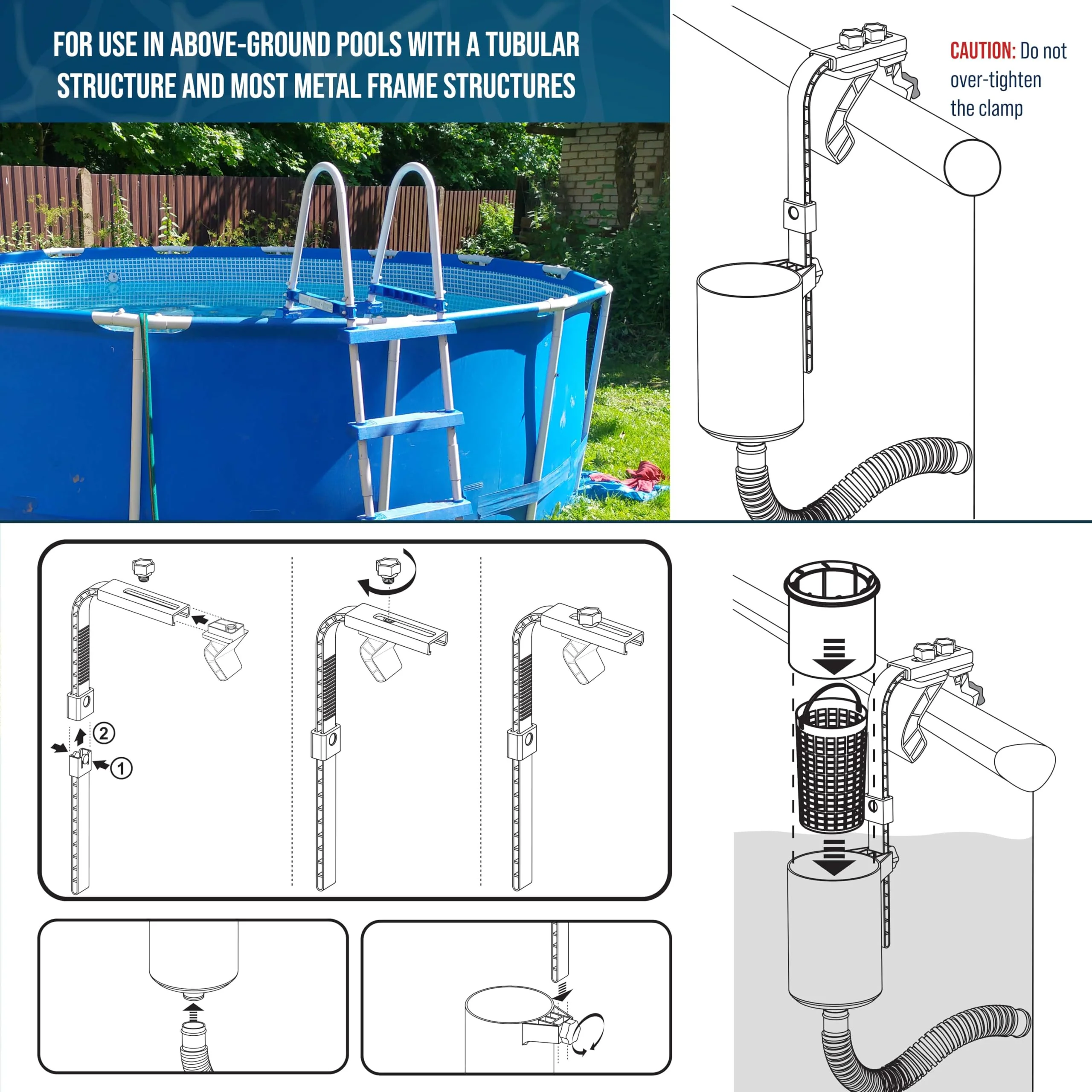 U.S. Pool Supply Pool Skimmer - Above Ground Pool Skimmer, Floating Surface Skimmer, 5 Adapters, Pool Accessories - Clean Dirt Basket, Wall Mount, Attach to Inflatable Collars, Tubular, Metal Frames - Image 5