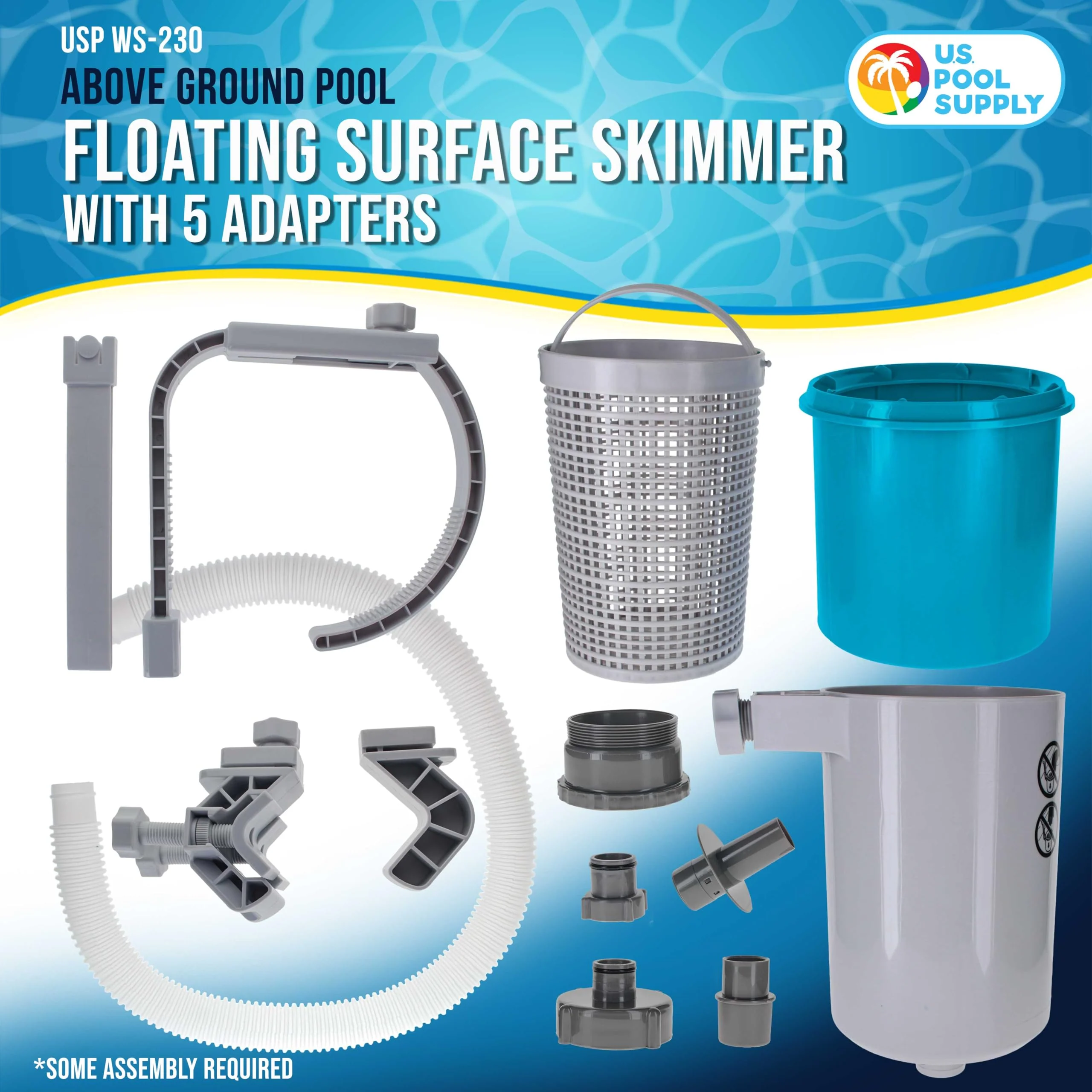 U.S. Pool Supply Pool Skimmer - Above Ground Pool Skimmer, Floating Surface Skimmer, 5 Adapters, Pool Accessories - Clean Dirt Basket, Wall Mount, Attach to Inflatable Collars, Tubular, Metal Frames - Image 8