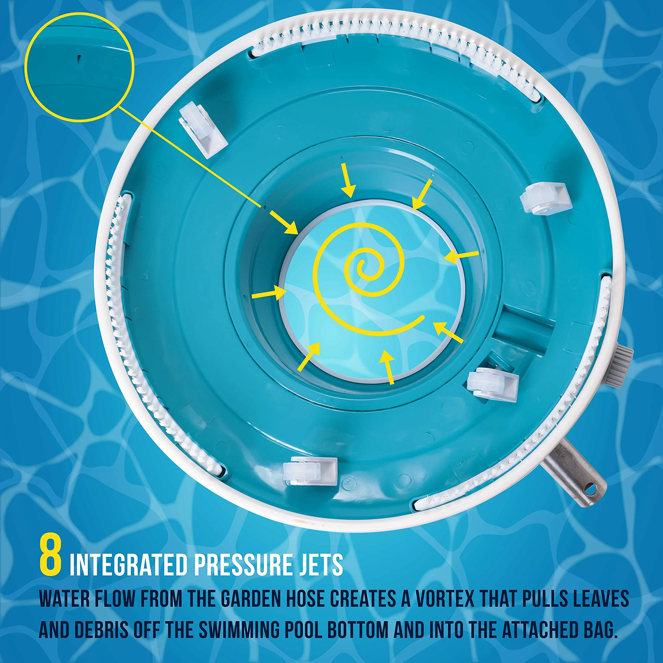 U.S. Pool Supply Professional Swimming Pool Leaf Terminator Vacuum - 15" Pool Cleaner Body, 8 Pressure Jets, 4 Rotating Wheels, 3 Perimeter Brushes, 2 Debris Bags - Below or Above-Ground Sucker Eater - Image 4