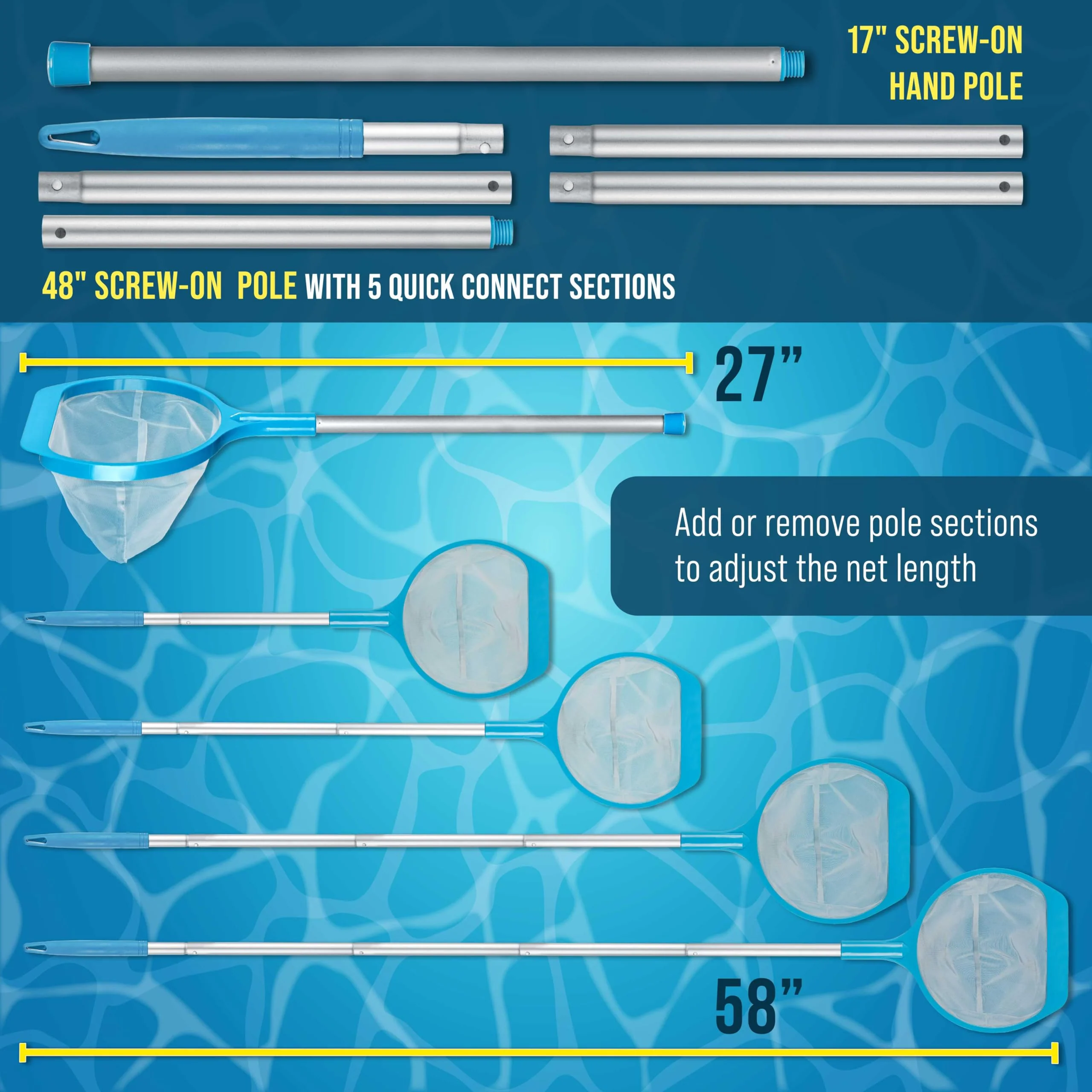 U.S. Pool Supply Spa, Hot Tub, Pool Leaf Skimmer Net, 17" & 48" Long Aluminum Poles - Deep Ultra Fine Mesh Netting, Handheld Pool Cleaning Net, Clean Finest Debris, Leaves, Ponds, Small Above Ground - Image 5