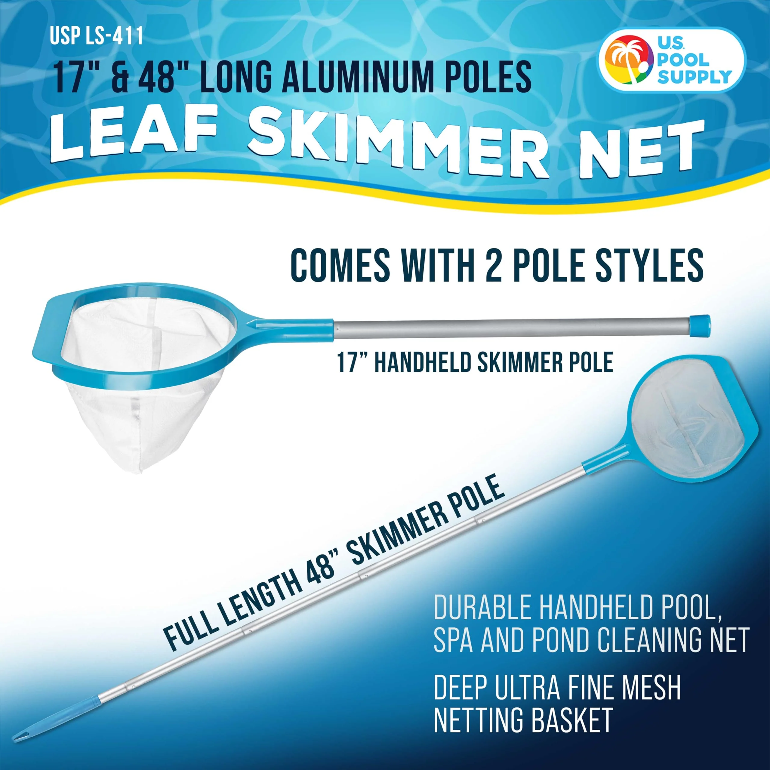 U.S. Pool Supply Spa, Hot Tub, Pool Leaf Skimmer Net, 17" & 48" Long Aluminum Poles - Deep Ultra Fine Mesh Netting, Handheld Pool Cleaning Net, Clean Finest Debris, Leaves, Ponds, Small Above Ground - Image 7