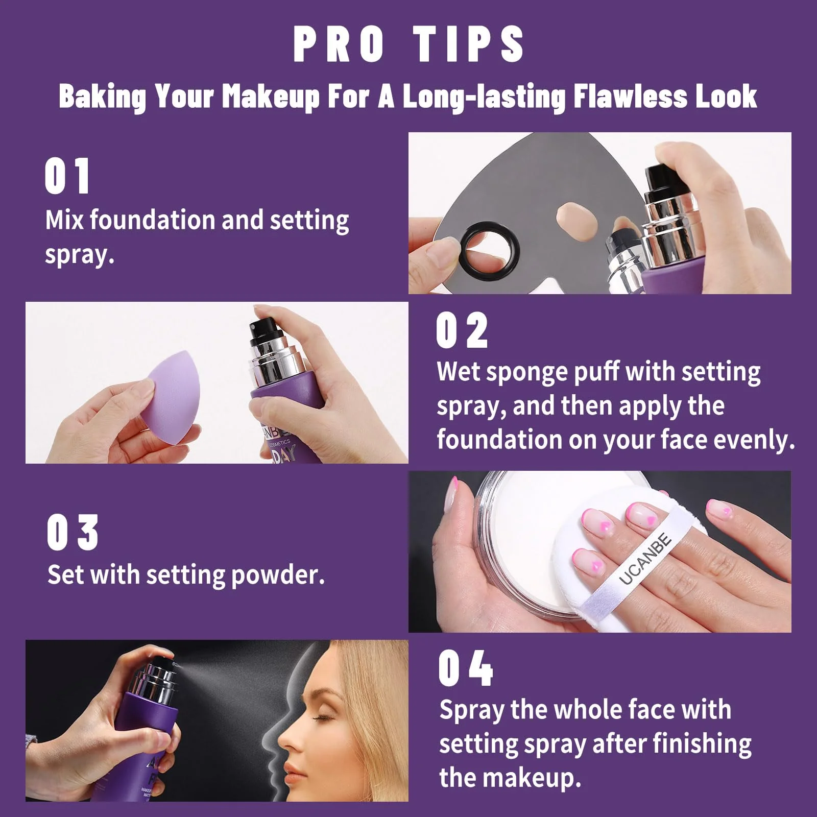 UCANBEMAKUP Long Lasting Makeup Setting Spray Kit- 6.76 Fl oz Hydrating Matte Finish Mist Lightweight Face Make up Fixer +Translucent Loose Setting Powder+2PC Sponge Puff Set - Image 6
