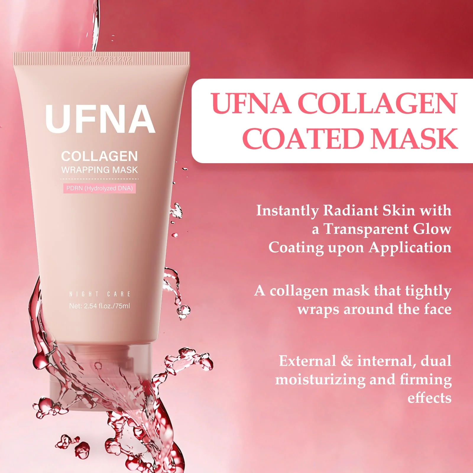 UFNA Collagen Face Mask - Overnight Wrapping Mask - Facial Firming, Elasticity & Hydration - Hydrolyzed Sodium + Panthenol +Niacinamide for Reduce Dullness & Promote Smoother Skin Texture - 75ml - Image 7
