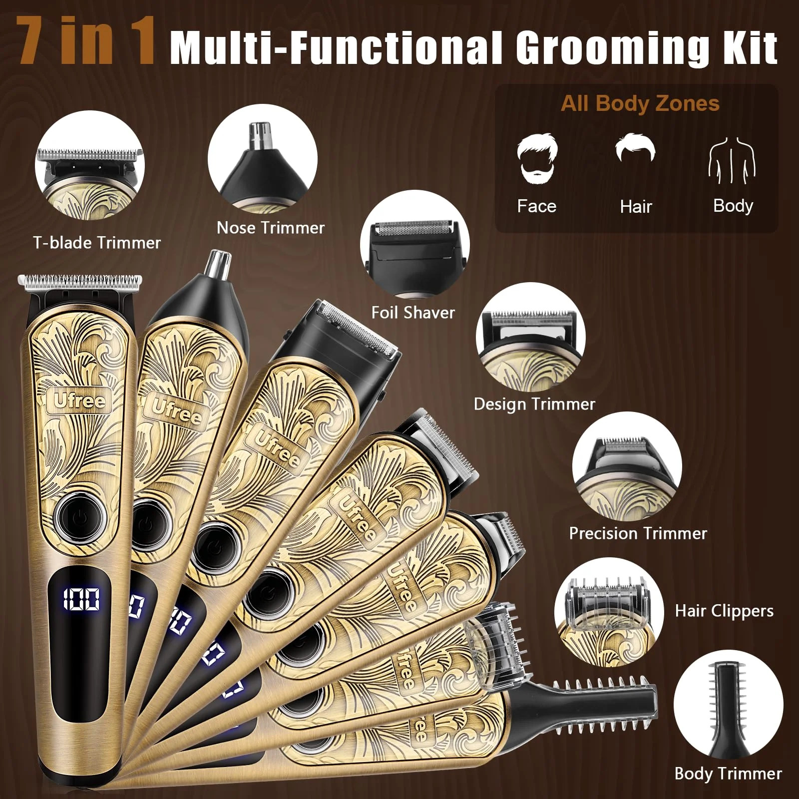 Ufree Beard Trimmer Men, Waterproof Electric Razor Nose, Body, Face and Mustache, Cordless Hair Clippers Shavers Grooming Kit, Gifts for Husband Father