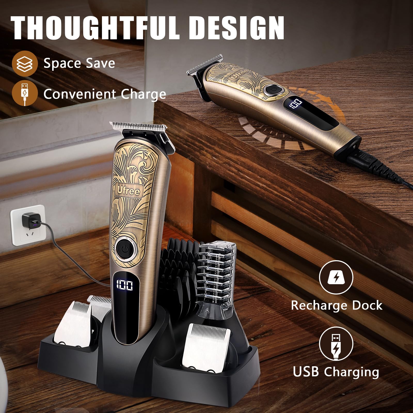 Ufree Beard Trimmer Men, Waterproof Electric Razor Nose, Body, Face and Mustache, Cordless Hair Clippers Shavers Grooming Kit, Gifts for Husband Father - Image 6