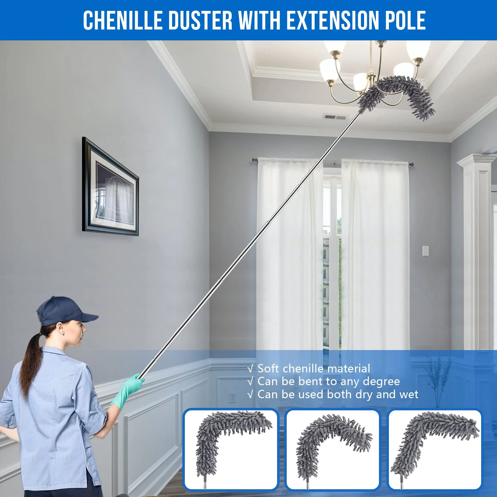 UIMO Microfiber Feather Duster Kit with Extension Pole (30–100") – Bendable Washable Heads, Extendable Dusters for Cleaning Ceiling Fan, High Ceiling, Blinds, Furniture & Cars (5 Pcs) - Image 4