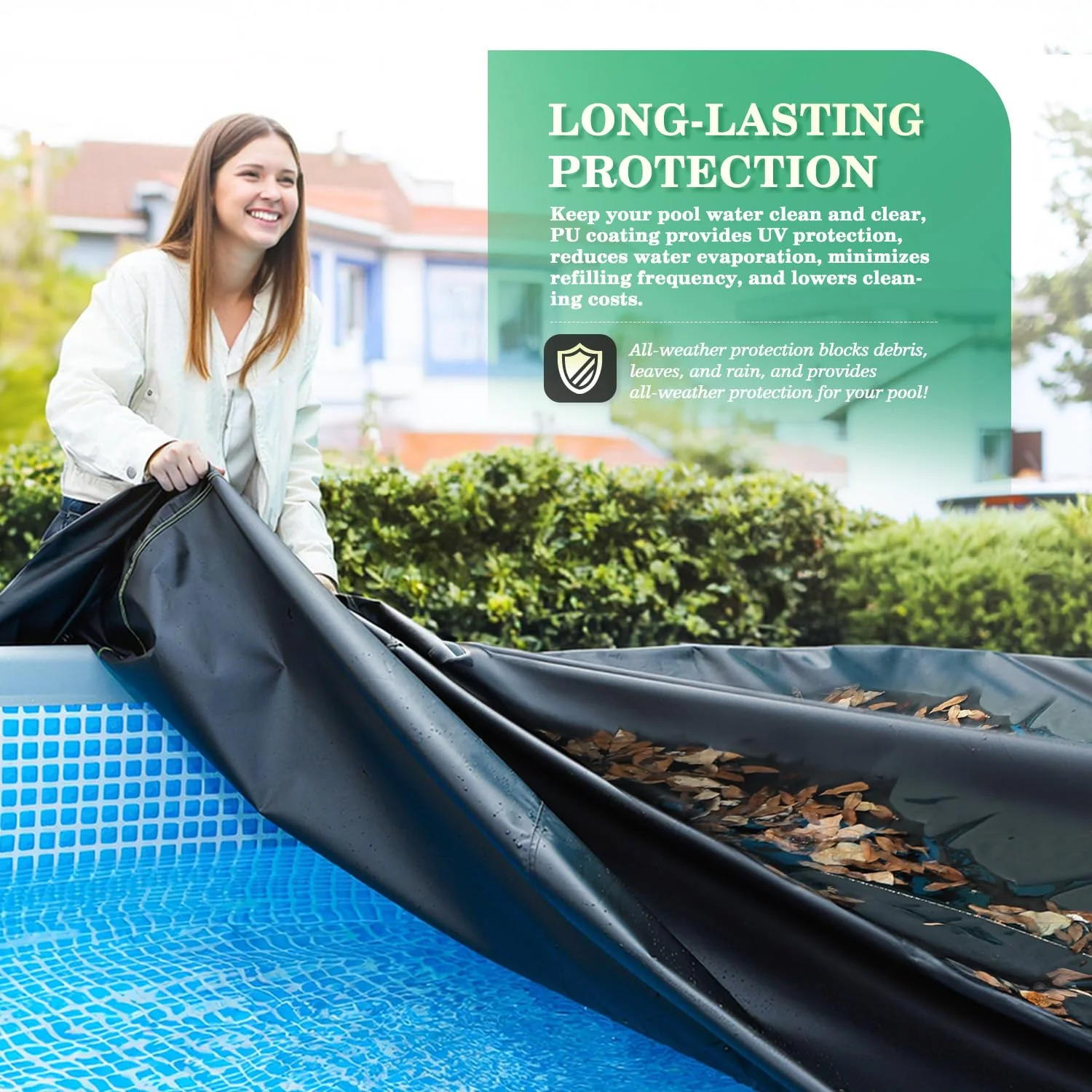 UIRWAY 18 Ft Round Pool Cover with Reflective Strips, Swimming Pool Cover for Above Ground Pools, Solar Cover Including Rope Tie and Luminous Ground Nails, PU Tarp Snug Fit for UV Protected - Image 2