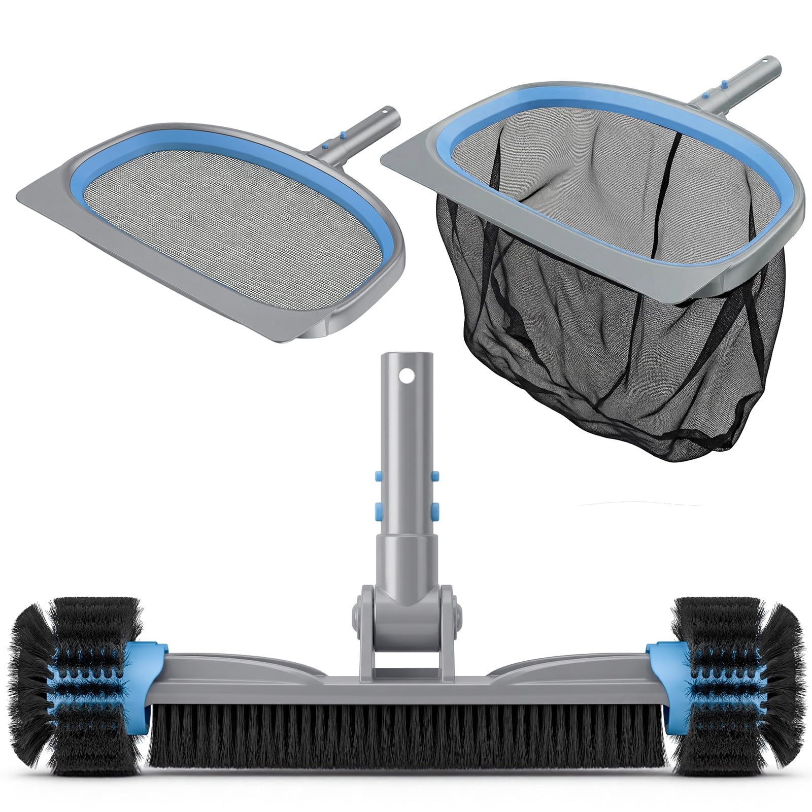 UIRWAY 3-in-1 Deluxe Swimming Pool Cleaning Kit - Includes Pool Brush with Detachable Side Round Ends, Deep Leaf Skimmer Net & Flat Fine Mesh Net for Inground & Above Ground Pools Cleaning(No Pole)