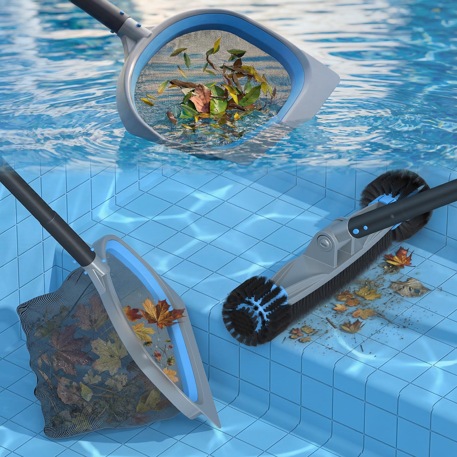 UIRWAY 4-in-1 Deluxe Swimming Pool Cleaning Kit - Includes Detachable Pool Brush, Heavy Duty Deep Leaf Skimmer Net, Fine Mesh Net, Extendable Aluminum Pole for Inground & Above Ground Pools Cleaning - Image 2