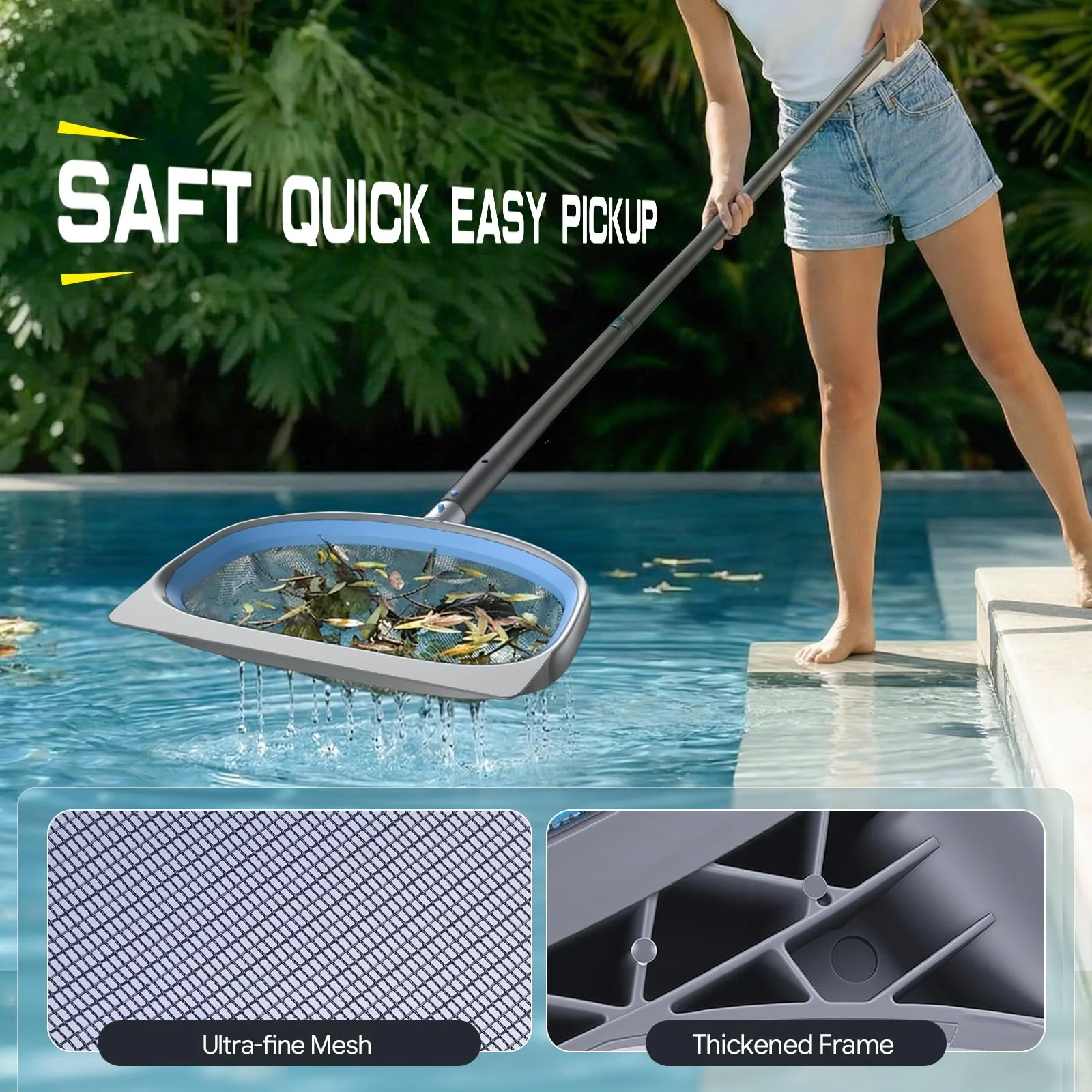 UIRWAY 4-in-1 Deluxe Swimming Pool Cleaning Kit - Includes Detachable Pool Brush, Heavy Duty Deep Leaf Skimmer Net, Fine Mesh Net, Extendable Aluminum Pole for Inground & Above Ground Pools Cleaning - Image 6