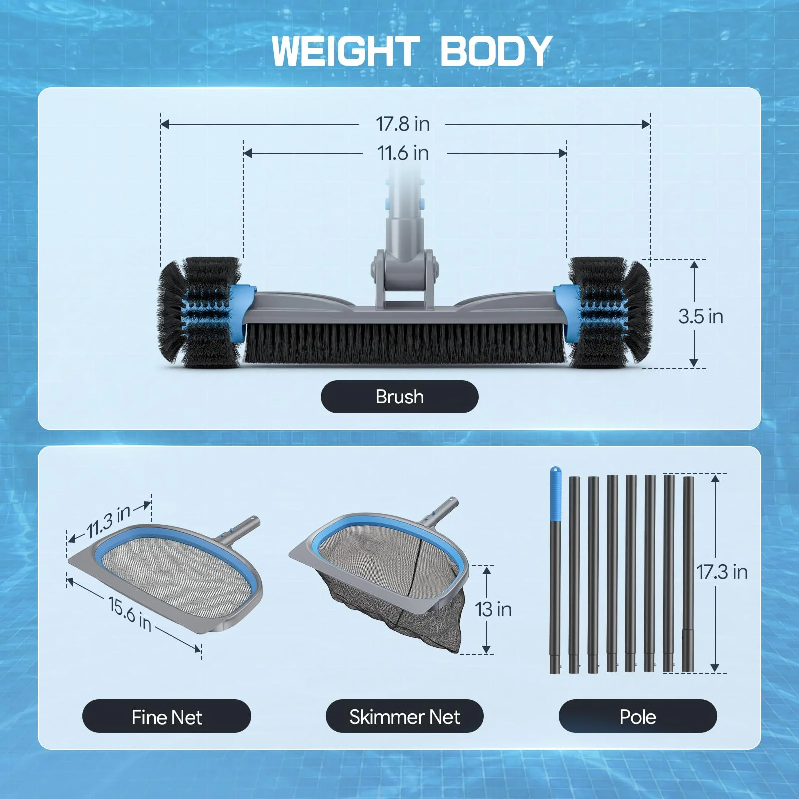 UIRWAY 4-in-1 Deluxe Swimming Pool Cleaning Kit - Includes Detachable Pool Brush, Heavy Duty Deep Leaf Skimmer Net, Fine Mesh Net, Extendable Aluminum Pole for Inground & Above Ground Pools Cleaning - Image 8