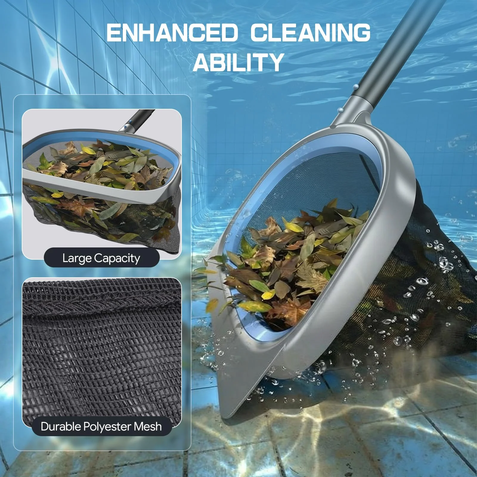 UIRWAY 4-in-1 Deluxe Swimming Pool Cleaning Kit - Includes Upgrade Triangular Pool Vacuum Head, Detachable Brush, Deep Leaf Skimmer Net, Adjustable Aluminum Pole Inground & Above Ground Pools - Image 6