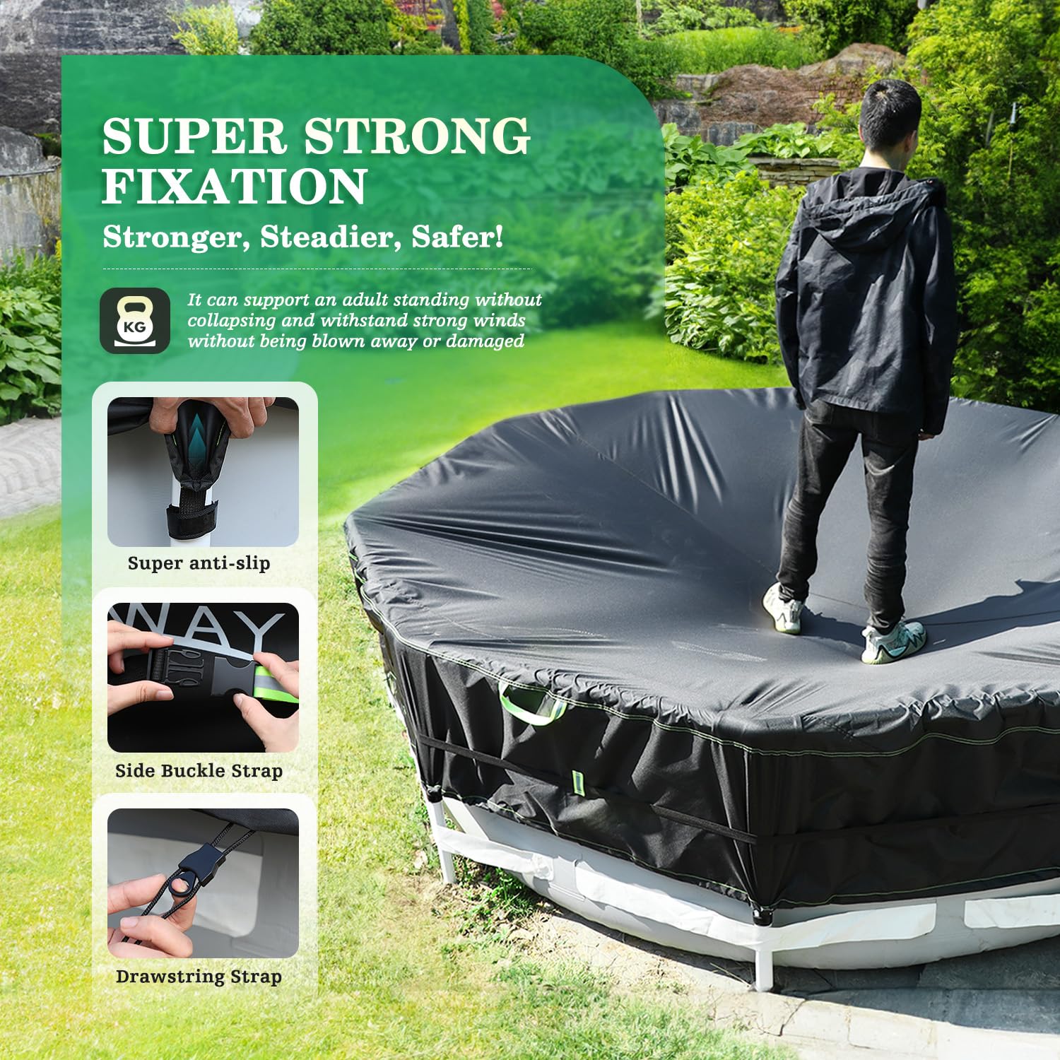 UIRWAY 500D Pool Cover 15FT Round [2026 Upgraded Heavy Duty Fabric] Solar Pool Covers for Above Ground Pools, New Super Windproof Gel-Coated Tarp Straps, Swimming Pool Covers with UV Protection - Image 5
