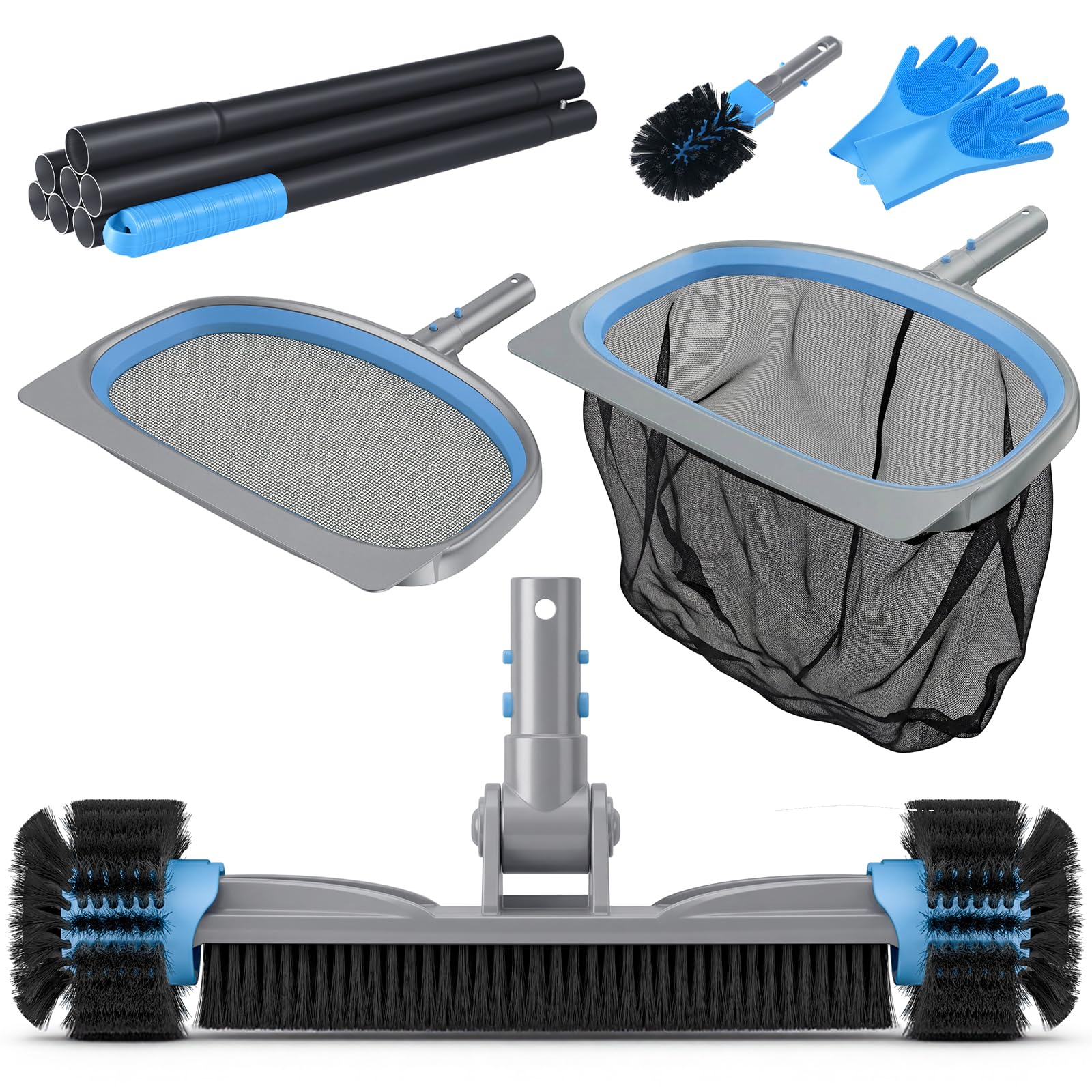 UIRWAY 6-in-1 Deluxe Swimming Pool Cleaning Kit - Includes Detachable Pool Brush, Deep Leaf Skimmer & Fine Mesh Net, Small Brush, Gloves, Adjustable Aluminum Pole Inground & Above Ground Cleaning
