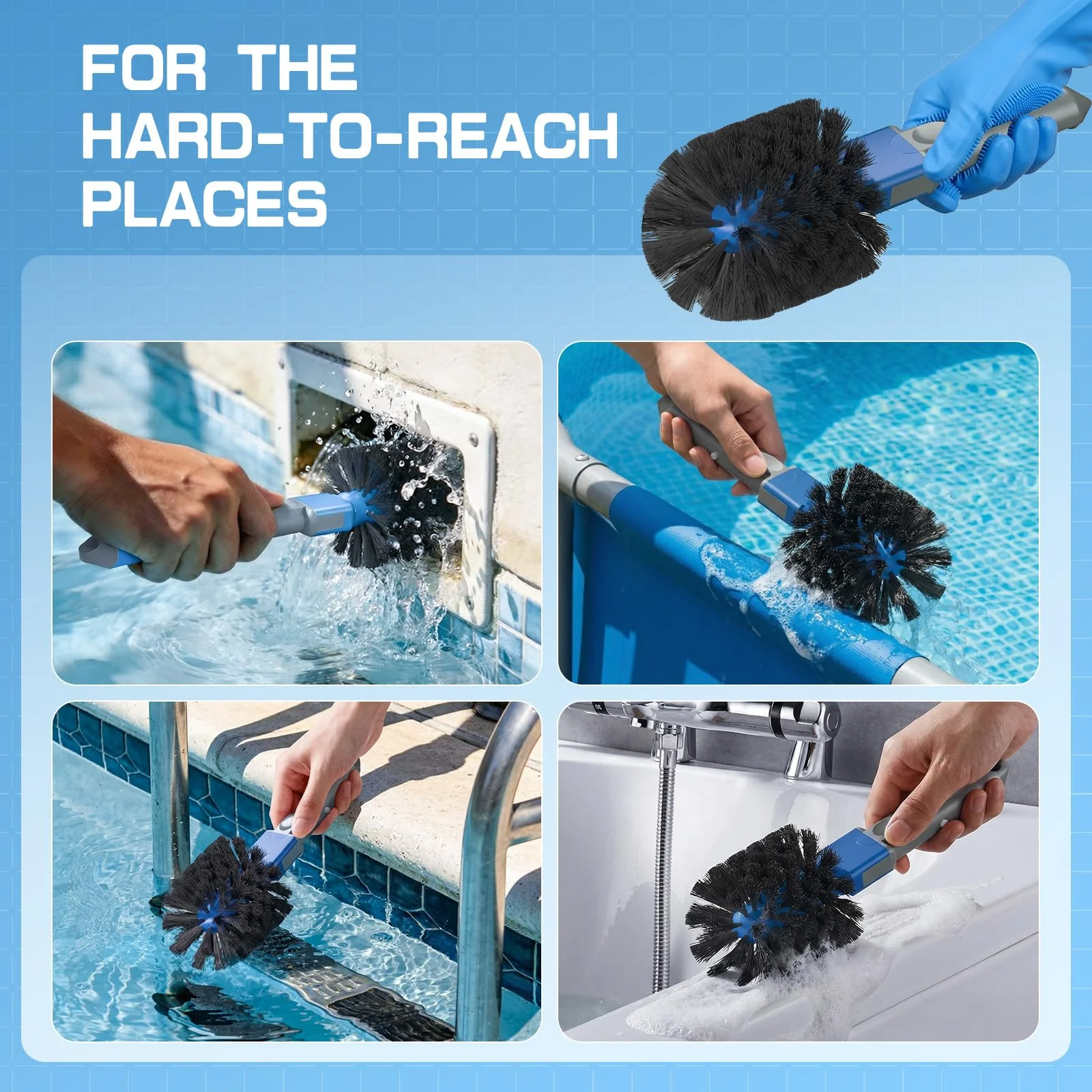 UIRWAY 6-in-1 Deluxe Swimming Pool Cleaning Kit - Includes Detachable Pool Brush, Deep Leaf Skimmer & Fine Mesh Net, Small Brush, Gloves, Adjustable Aluminum Pole Inground & Above Ground Cleaning - Image 4