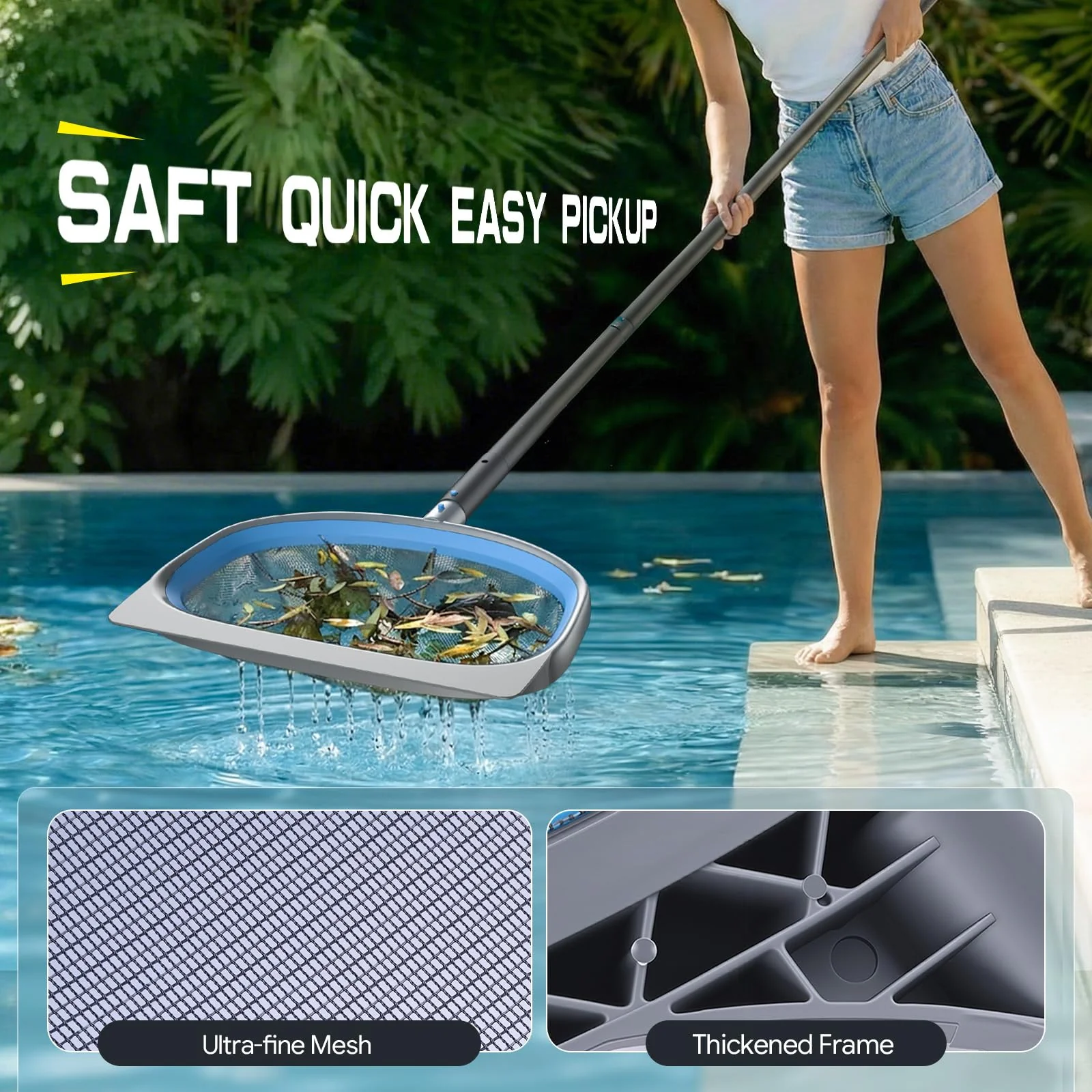 UIRWAY 6-in-1 Deluxe Swimming Pool Cleaning Kit - Includes Detachable Pool Brush, Deep Leaf Skimmer & Fine Mesh Net, Small Brush, Gloves, Adjustable Aluminum Pole Inground & Above Ground Cleaning - Image 7
