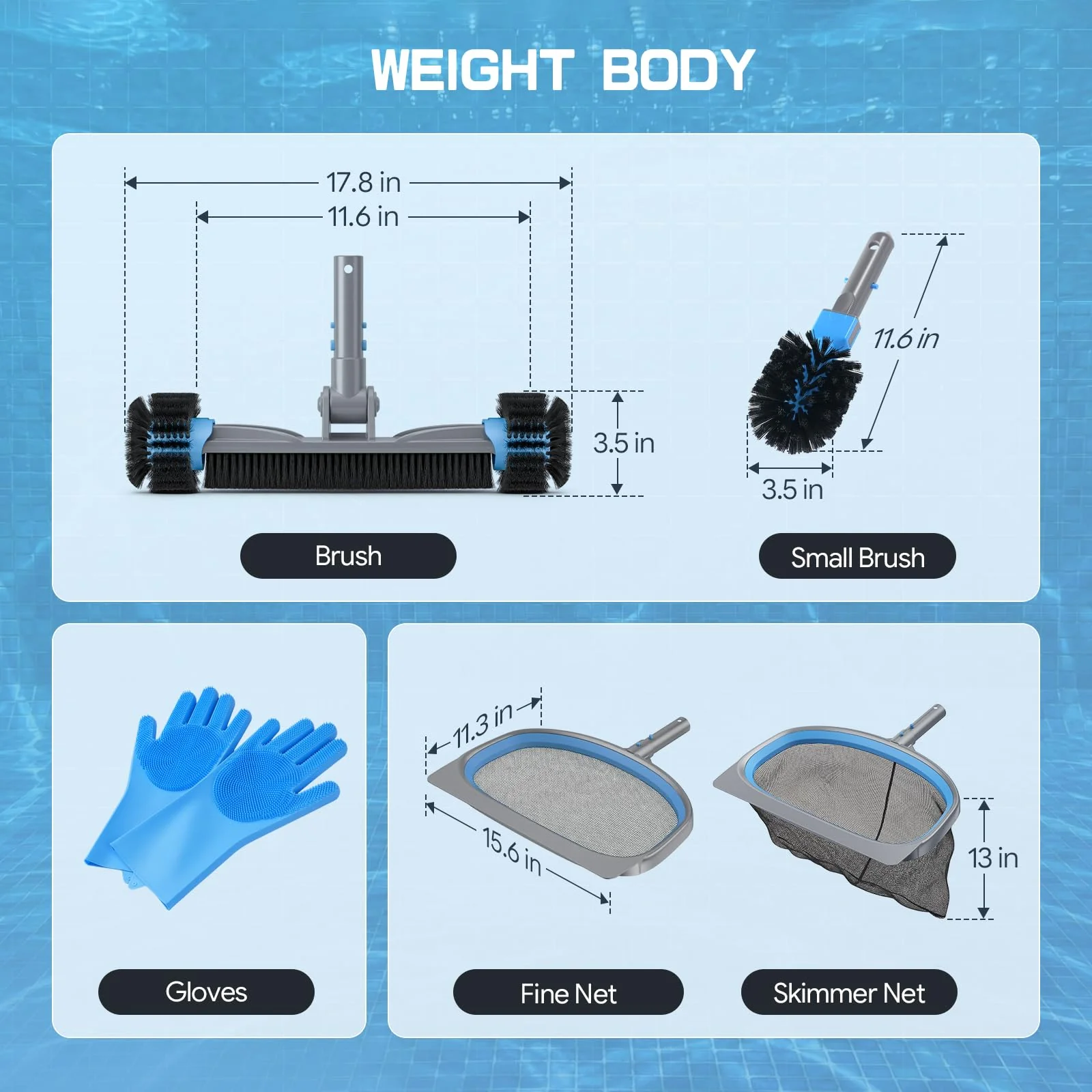 UIRWAY 6-in-1 Deluxe Swimming Pool Cleaning Kit - Includes Detachable Pool Brush, Deep Leaf Skimmer & Fine Mesh Net, Small Brush, Gloves, Adjustable Aluminum Pole Inground & Above Ground Cleaning - Image 9