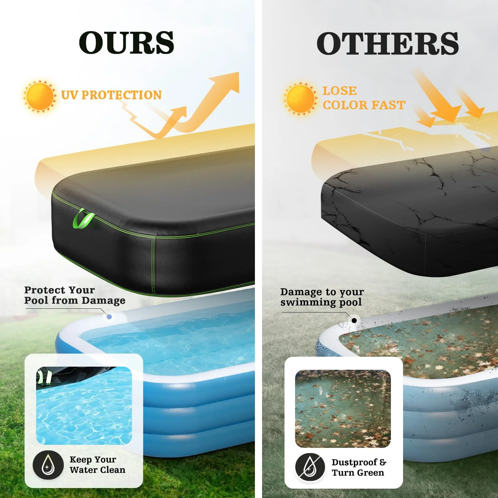 UIRWAY Rectangular Pool Cover 120in x 72in, Inflatable Pool Covers for Above Ground Pools with Elastic Cord - Snug Fit & Easy Set, Outdoor Swimming Pool Cover with 2 Reflective Strip Handles, Black - Image 4
