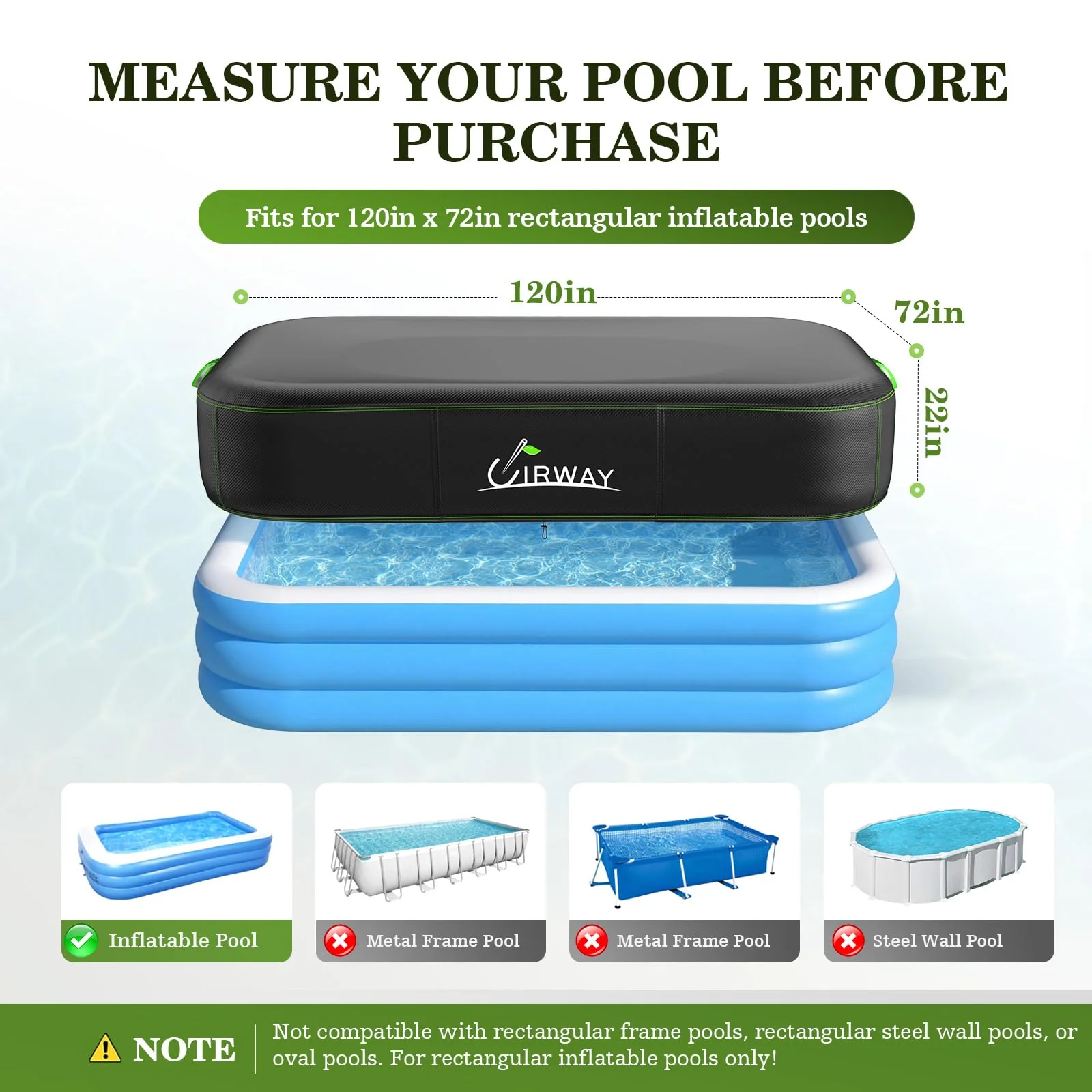 UIRWAY Rectangular Pool Cover 120in x 72in, Inflatable Pool Covers for Above Ground Pools with Elastic Cord - Snug Fit & Easy Set, Outdoor Swimming Pool Cover with 2 Reflective Strip Handles, Black - Image 6