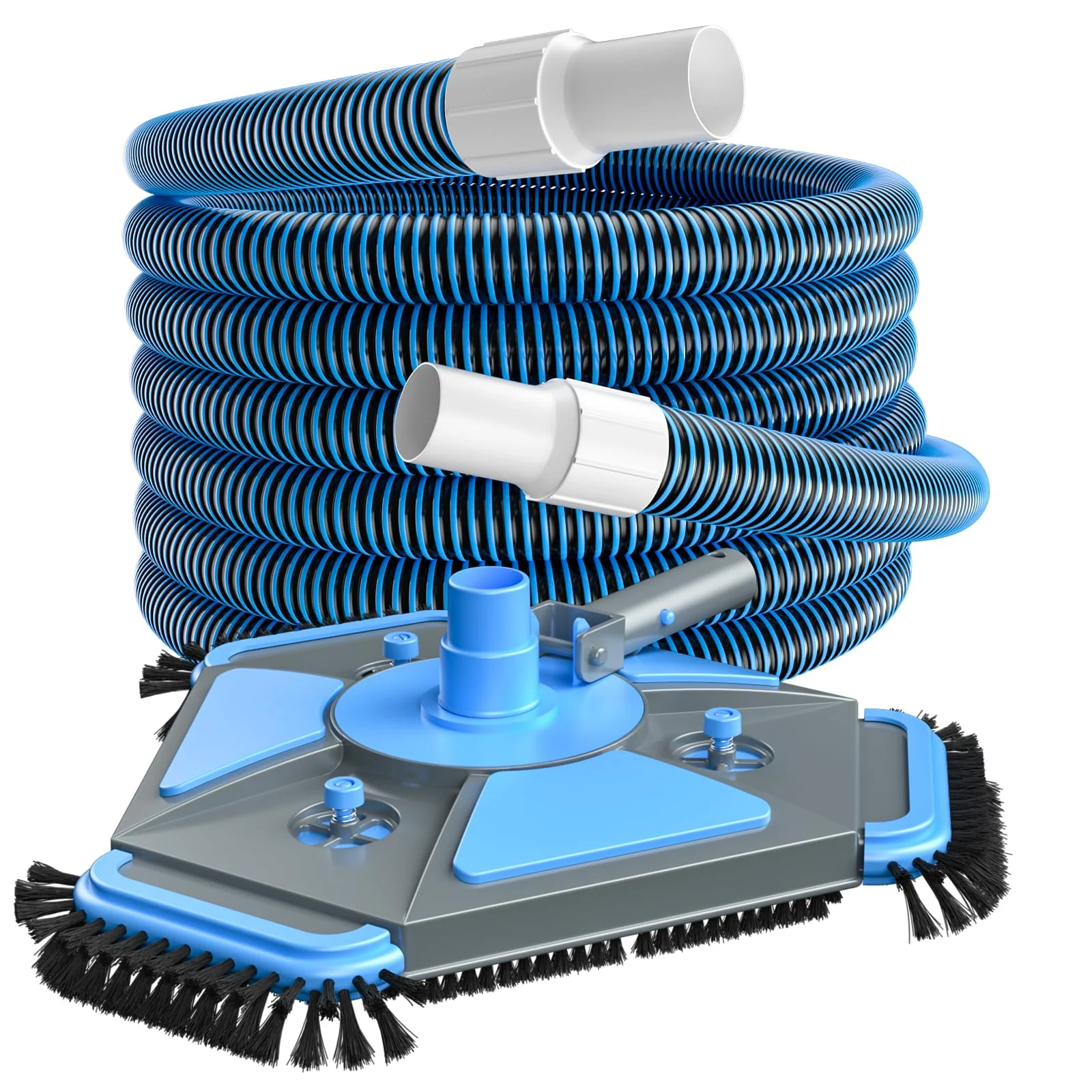 UIRWAY Upgrade Pool Vacuum Head with Side Brush & 360° Swivel Cuff, Heavy Duty Manual Kink-Resistant 1-1/2" x 30 Ft Vacuum Hoses, Weighted Triangular Shape for Inground & Above Ground Pool(No Pole)