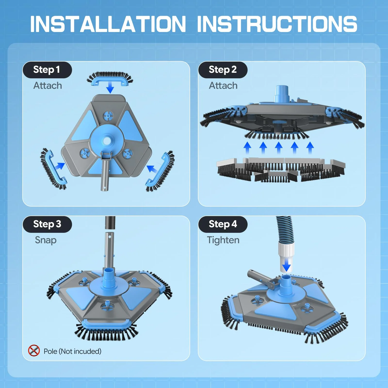 UIRWAY Upgrade Pool Vacuum Head with Side Brush & 360° Swivel Cuff, Heavy Duty Manual Kink-Resistant 1-1/2" x 30 Ft Vacuum Hoses, Weighted Triangular Shape for Inground & Above Ground Pool(No Pole) - Image 4