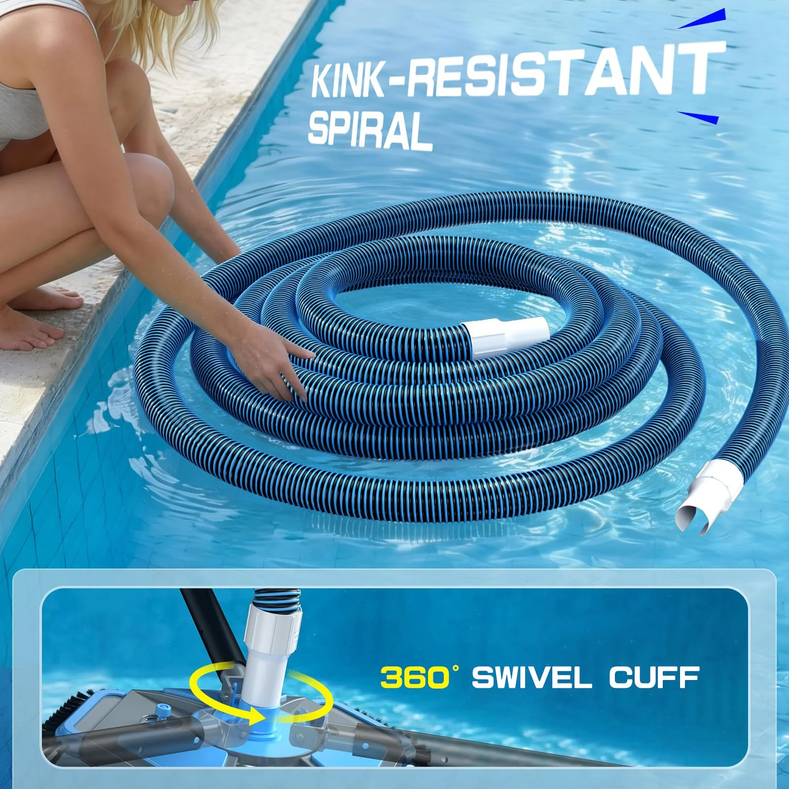 UIRWAY Upgrade Pool Vacuum Head with Side Brush & 360° Swivel Cuff, Heavy Duty Manual Kink-Resistant 1-1/2" x 30 Ft Vacuum Hoses, Weighted Triangular Shape for Inground & Above Ground Pool(No Pole) - Image 5