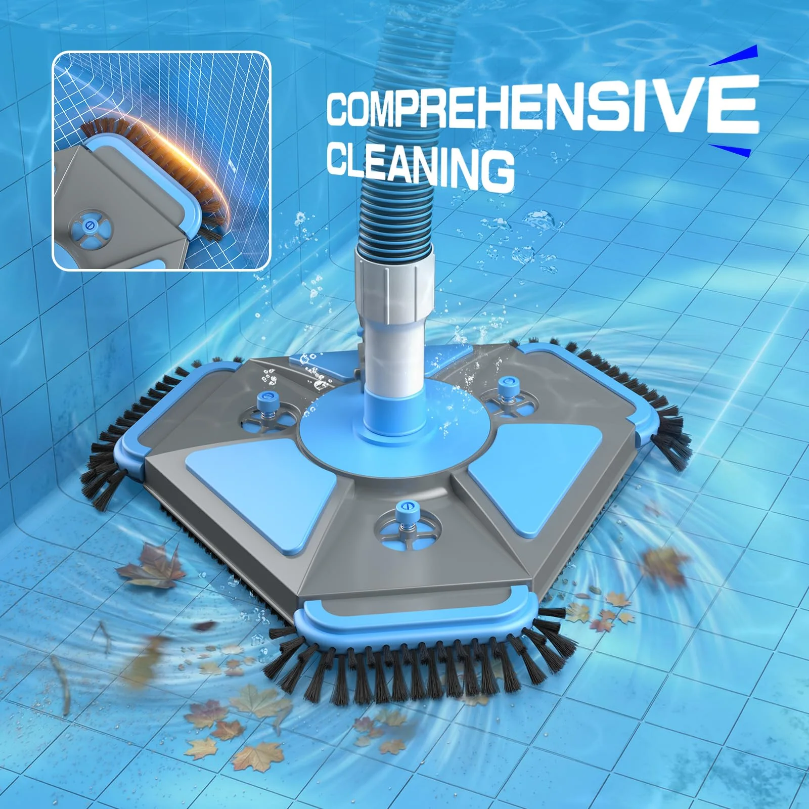 UIRWAY Upgrade Pool Vacuum Head with Side Brush & 360° Swivel Cuff, Heavy Duty Manual Kink-Resistant 1-1/2" x 30 Ft Vacuum Hoses, Weighted Triangular Shape for Inground & Above Ground Pool(No Pole) - Image 8
