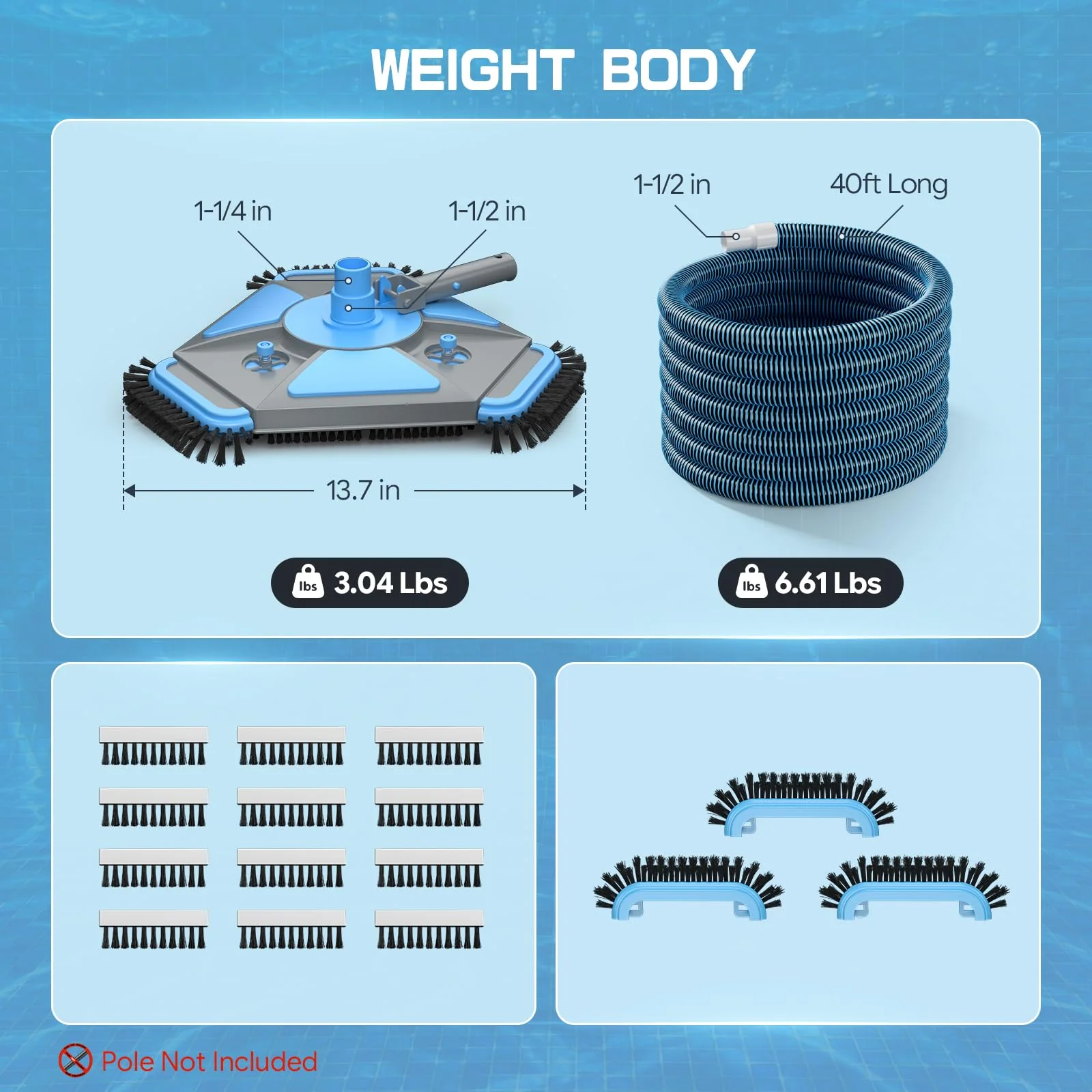 UIRWAY Upgrade Pool Vacuum Head with Side Brush & 360° Swivel Cuff, Heavy Duty Manual Kink-Resistant 1-1/2" x 40 Ft Vacuum Hoses, Weighted Triangular Shape for Inground & Above Ground Pool(No Pole) - Image 9