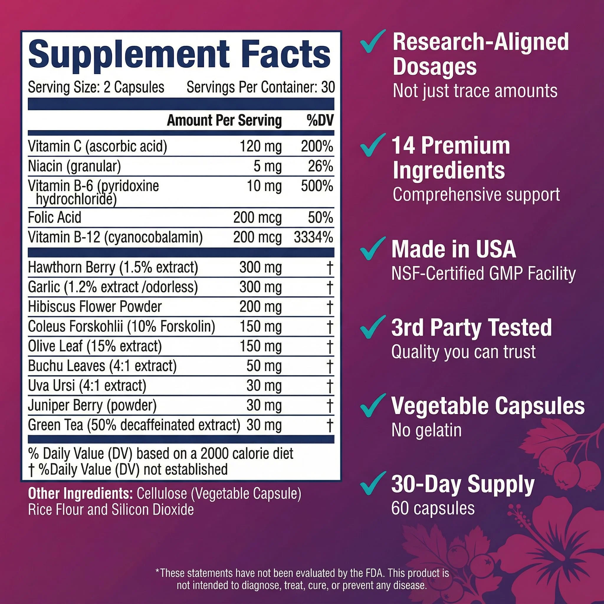 ULTALIFE Blood Pressure Supplements - Advanced Blood Pressure Supplement Complex - Hawthorn Berry, Hibiscus, Garlic, Forskolin - 14 Vitamins & Herbs, 30 Day Supply in Veggie Capsules - Image 2