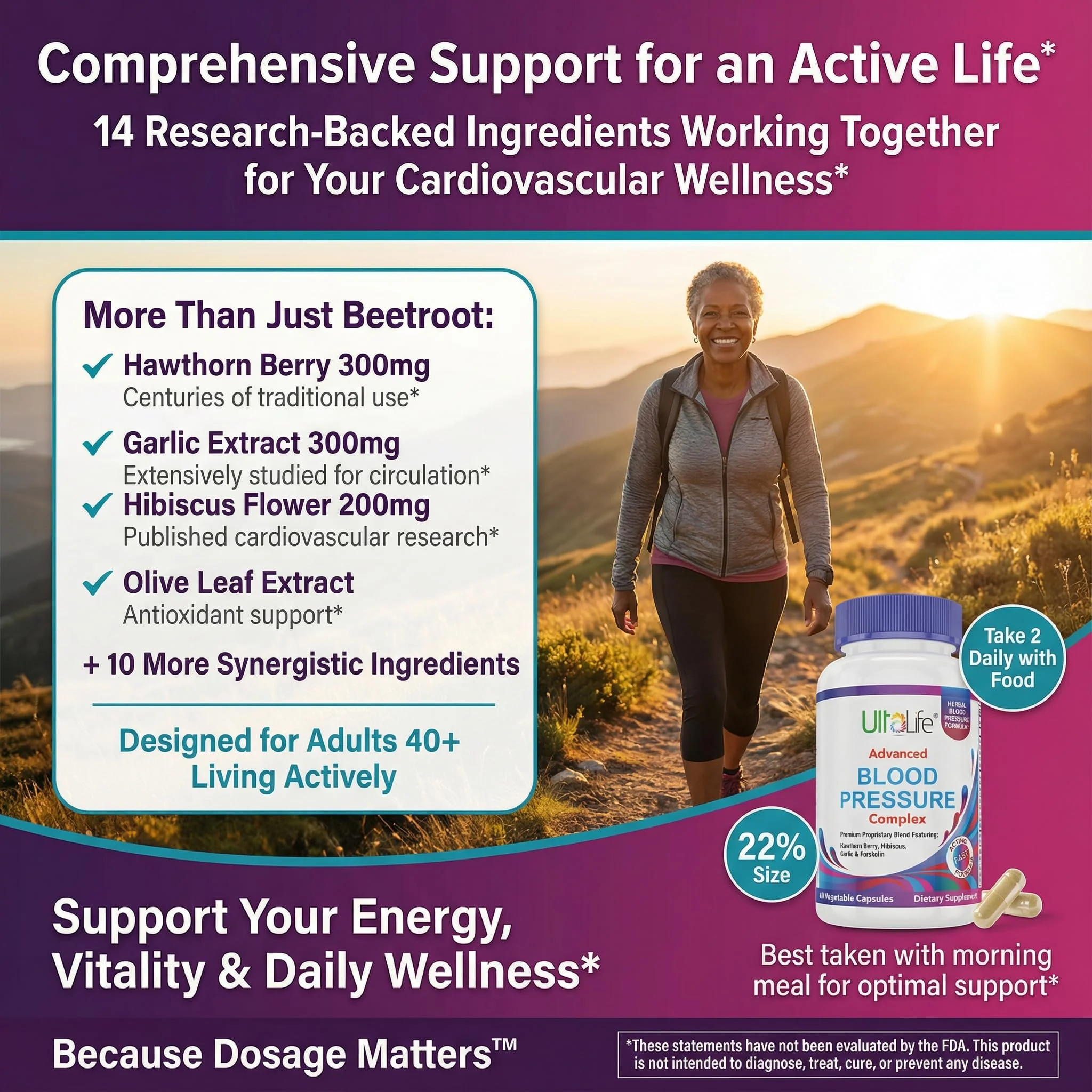 ULTALIFE Blood Pressure Supplements - Advanced Blood Pressure Supplement Complex - Hawthorn Berry, Hibiscus, Garlic, Forskolin - 14 Vitamins & Herbs, 30 Day Supply in Veggie Capsules - Image 4