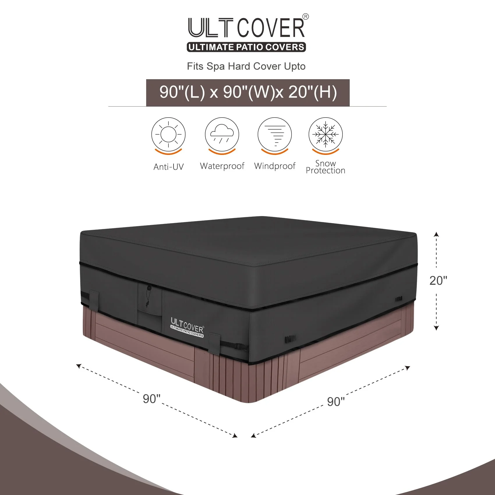 ULTCOVER Waterproof 600D Polyester Square Hot Tub Cover Outdoor SPA Covers 90 x 90 inch, Black - Image 7