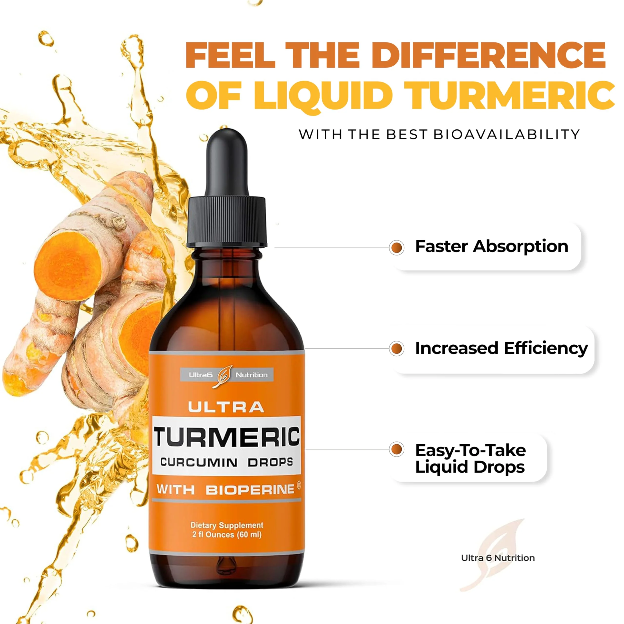 Ultra6 Nutrition Liquid Turmeric Curcumin Extract with Black Pepper - Turmeric Drops with Bioperine - Easy-to-Take Supplements Made in USA (60ml) - Image 3